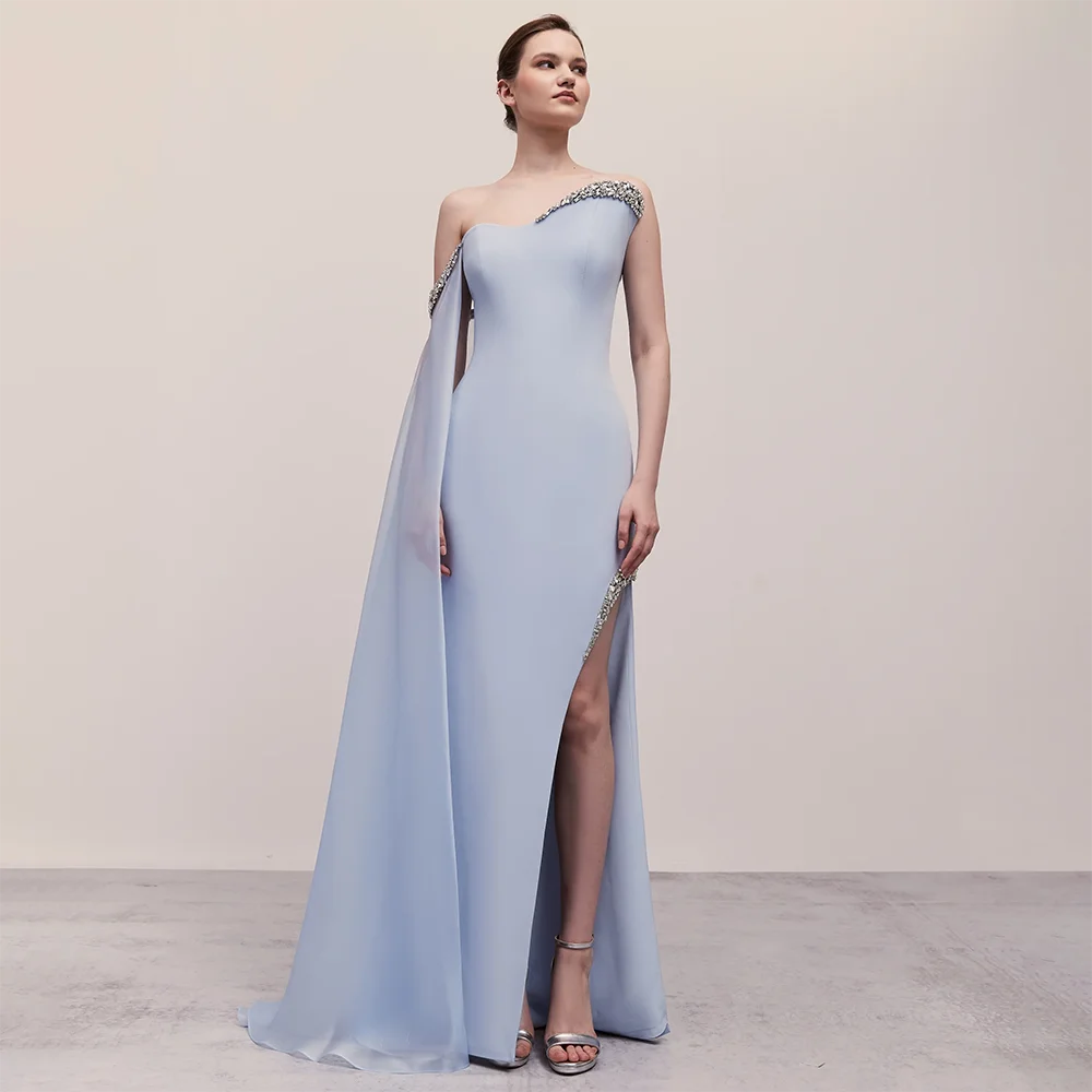 Elegant Blue Satin Mermaid Evening Dress with Beaded Cape Sleeve & High Slit - One Shoulder Party Gown for Women | Perfect for Prom, Gala & Formal Events - SERENE HILL LA72504