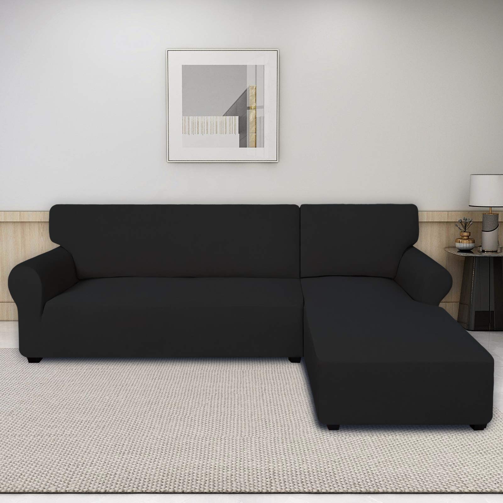 PureFit Super Stretch Sectional Sofa Covers - 2-Piece Spandex Non-Slip Couch Cover with Elastic Bottom for L-Shaped Sectionals, Pet & Kid Friendly (3-Seat Sofa + 3-Seat Chaise, Black) | Perfect for Living Room Protection, Family Gatherings & Pet Owners