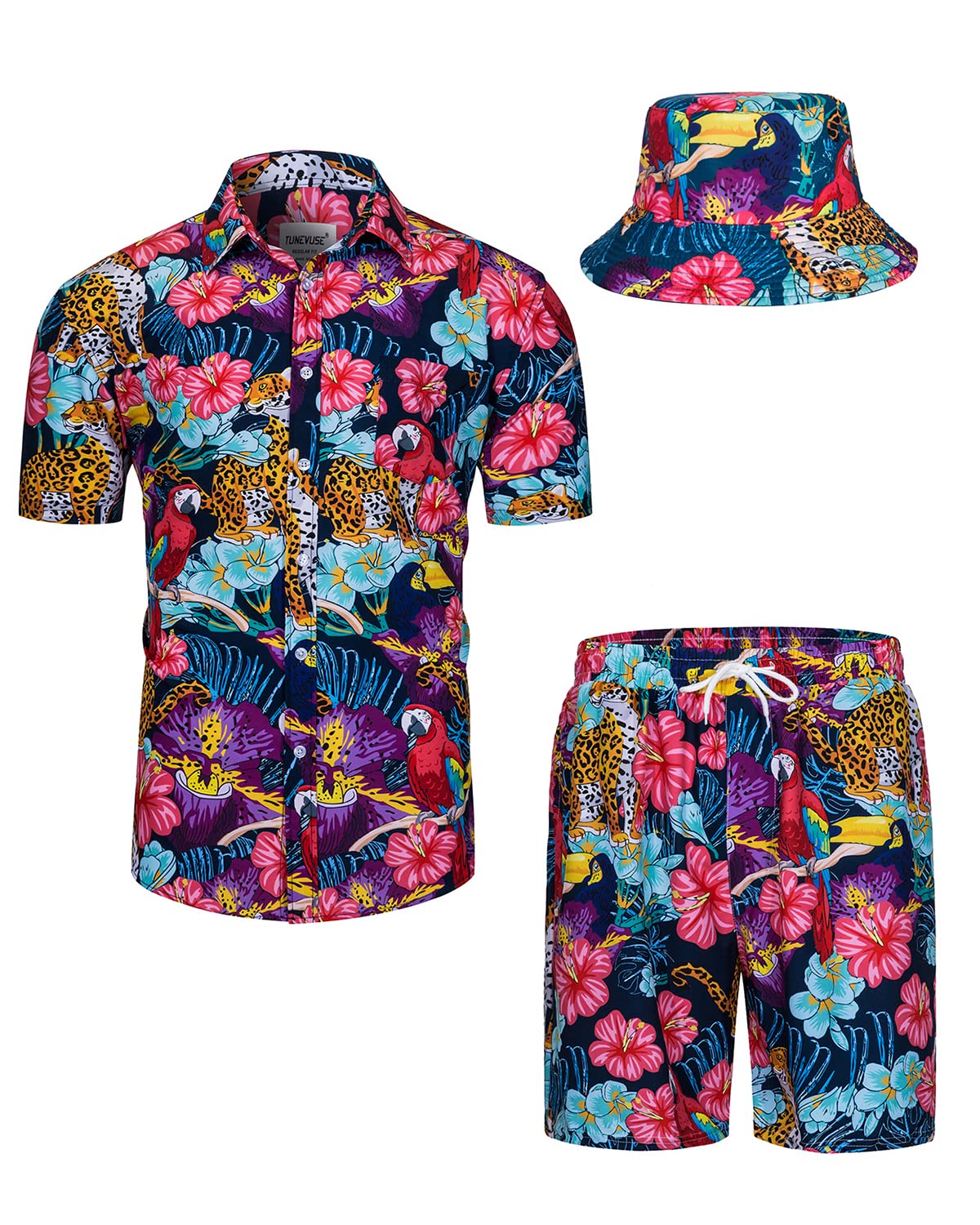 TUNEVUSE Men's Hawaiian Shirt and Shorts Set - 2 Piece Tropical Beach Outfit with Floral Print & Bucket Hat | Summer Vacation, Luau Party, Poolside Relaxation