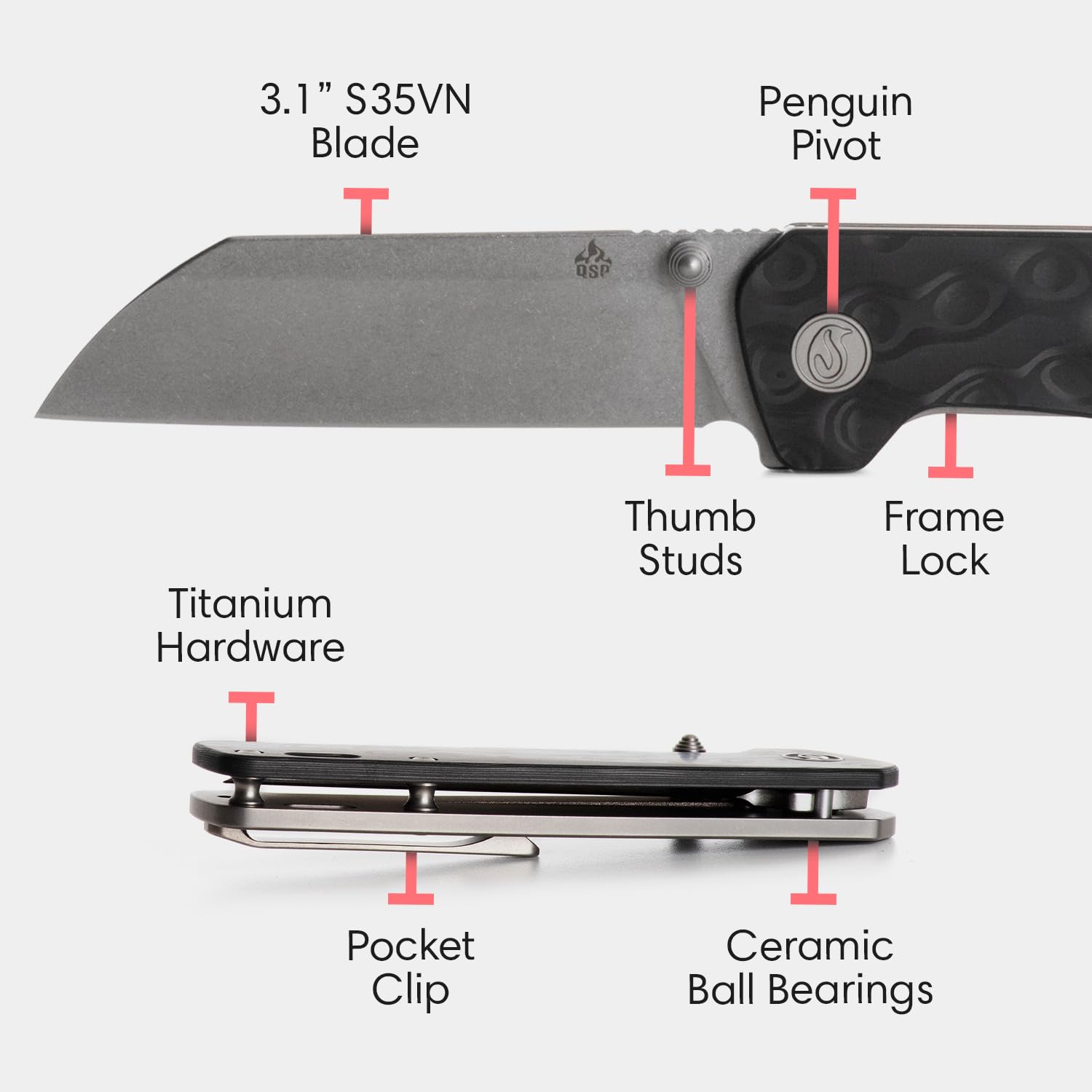 QSP Penguin Titanium Framelock EDC Pocket Knife - Marbled Carbon Fiber Handle, S35VN Steel Blade, Kaviso Exclusive (Stonewashed) | Everyday Carry, Outdoor Survival, Camping & Tactical Use