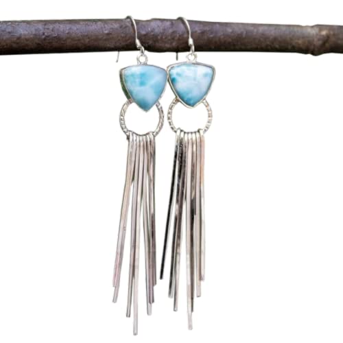 Larimar Earrings for Women - 925 Sterling Silver Dominican Blue Larimar Gemstone Fringe Tassel Dangle Earrings - Perfect Gift for Her, Christmas, Anniversary & Special Occasions - Elegant Jewelry for Parties, Weddings & Everyday Wear