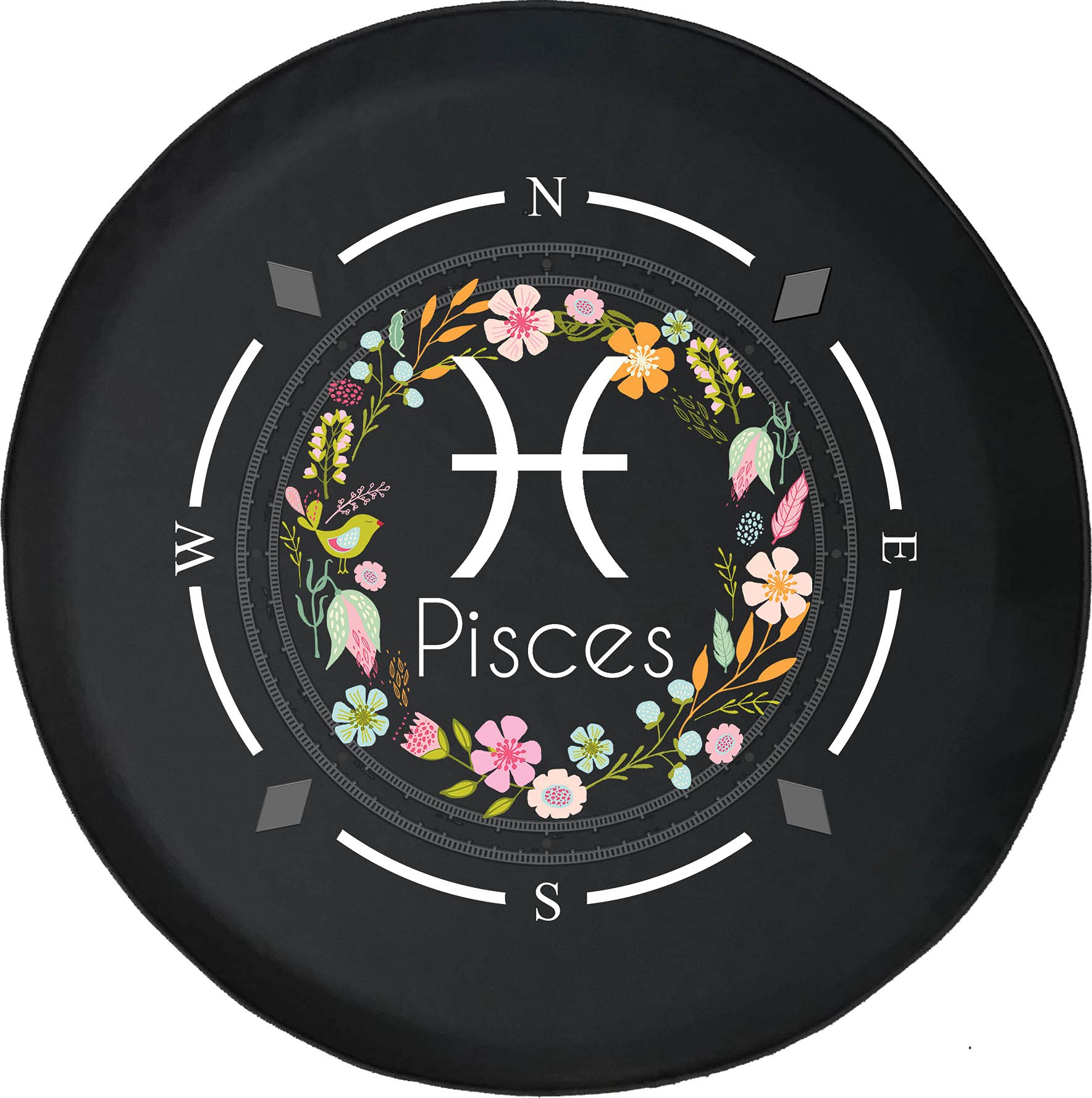 American Universal Spare Tire Cover with Compass & Pisces Horoscope Floral Design - Fits SUV, Trailer, RV & Most Vehicles | Durable Wheel Protection for Off-Road Adventures & Camping Trips