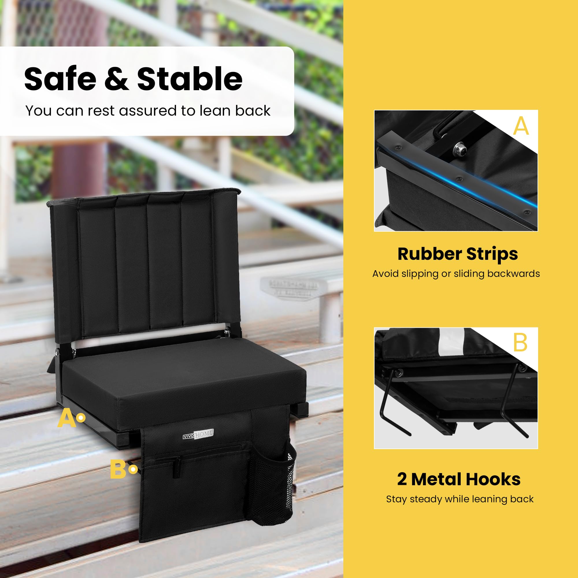 VIVOHOME 2 Pack Portable Stadium Seats with Back Support & Cushion - Bleacher Chairs with Cup Holder & Shoulder Strap - Perfect for Football Games, Baseball Matches & Outdoor Events (Black)