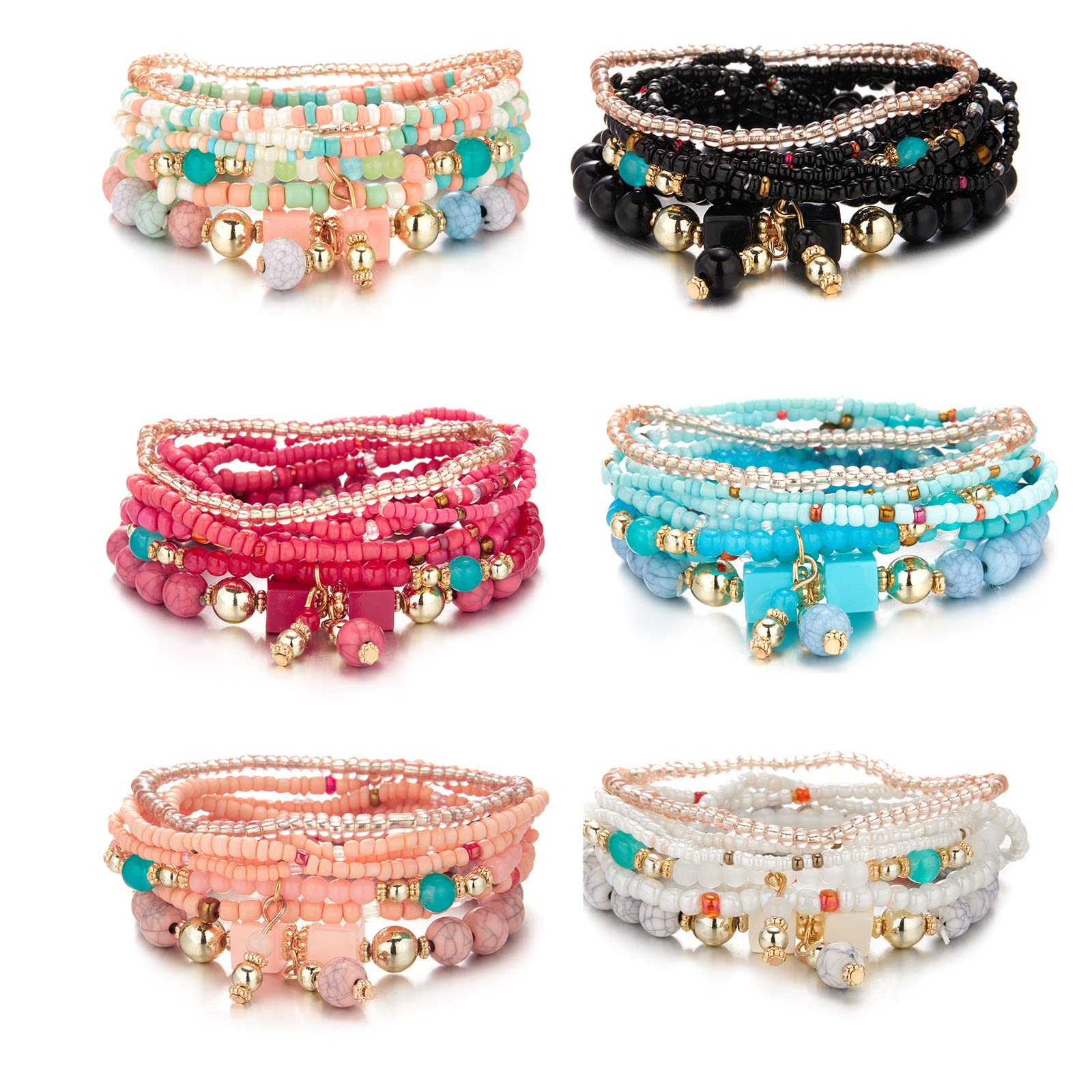 Boho Bracelets for Women - 6 Sets Bohemian Stackable Beaded Stretch Bracelets with Multicolor Pendant Charms & Tassels - Handmade Layered Jewelry Set for Casual Wear, Music Festivals & Beach Outfits