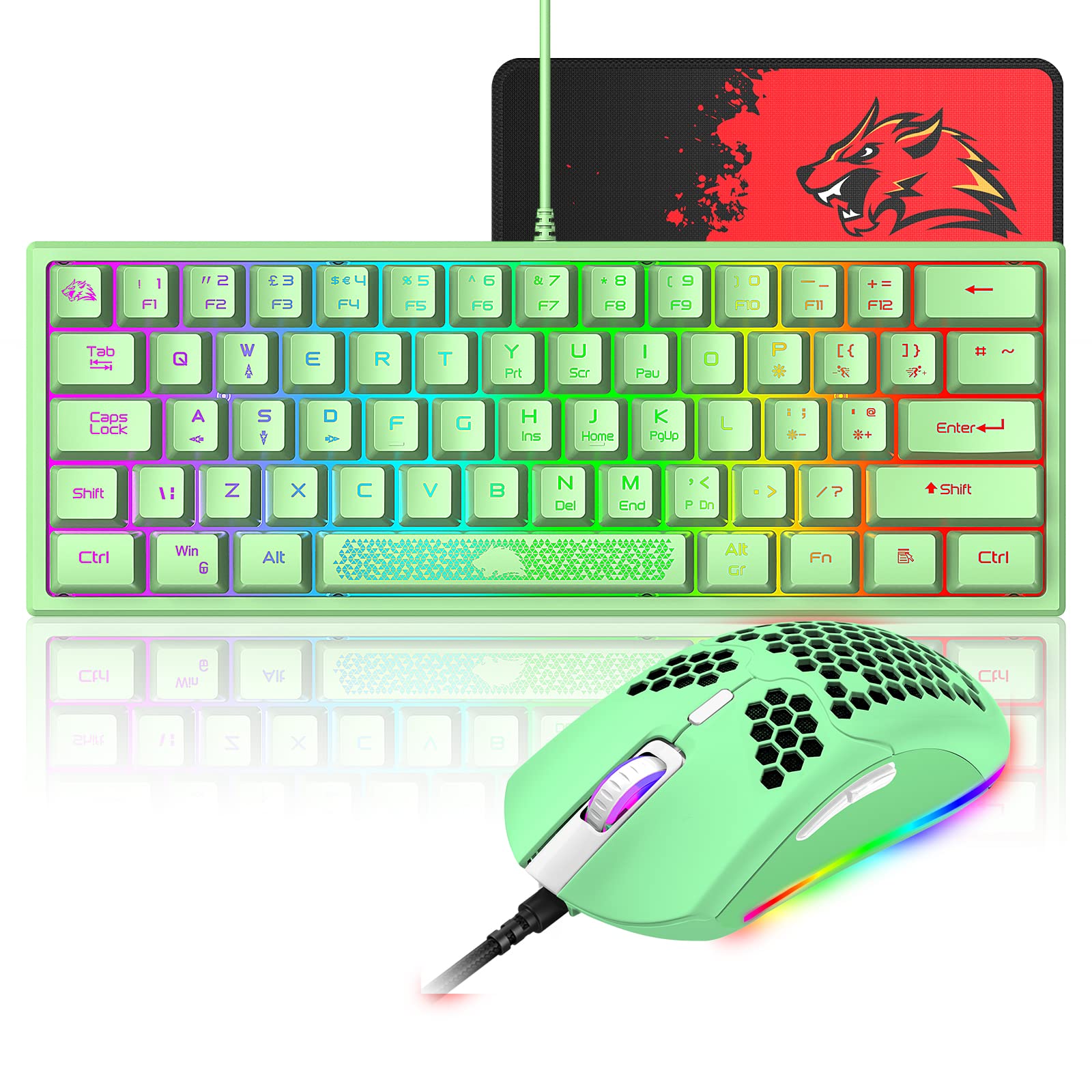 60% Compact RGB Gaming Keyboard and Mouse Combo with Mechanical Feel, 6400 DPI Honeycomb Optical Mouse & Gaming Mouse Pad - Perfect for PC Gamers, Esports, Typists & Office Work (Green Backlight)