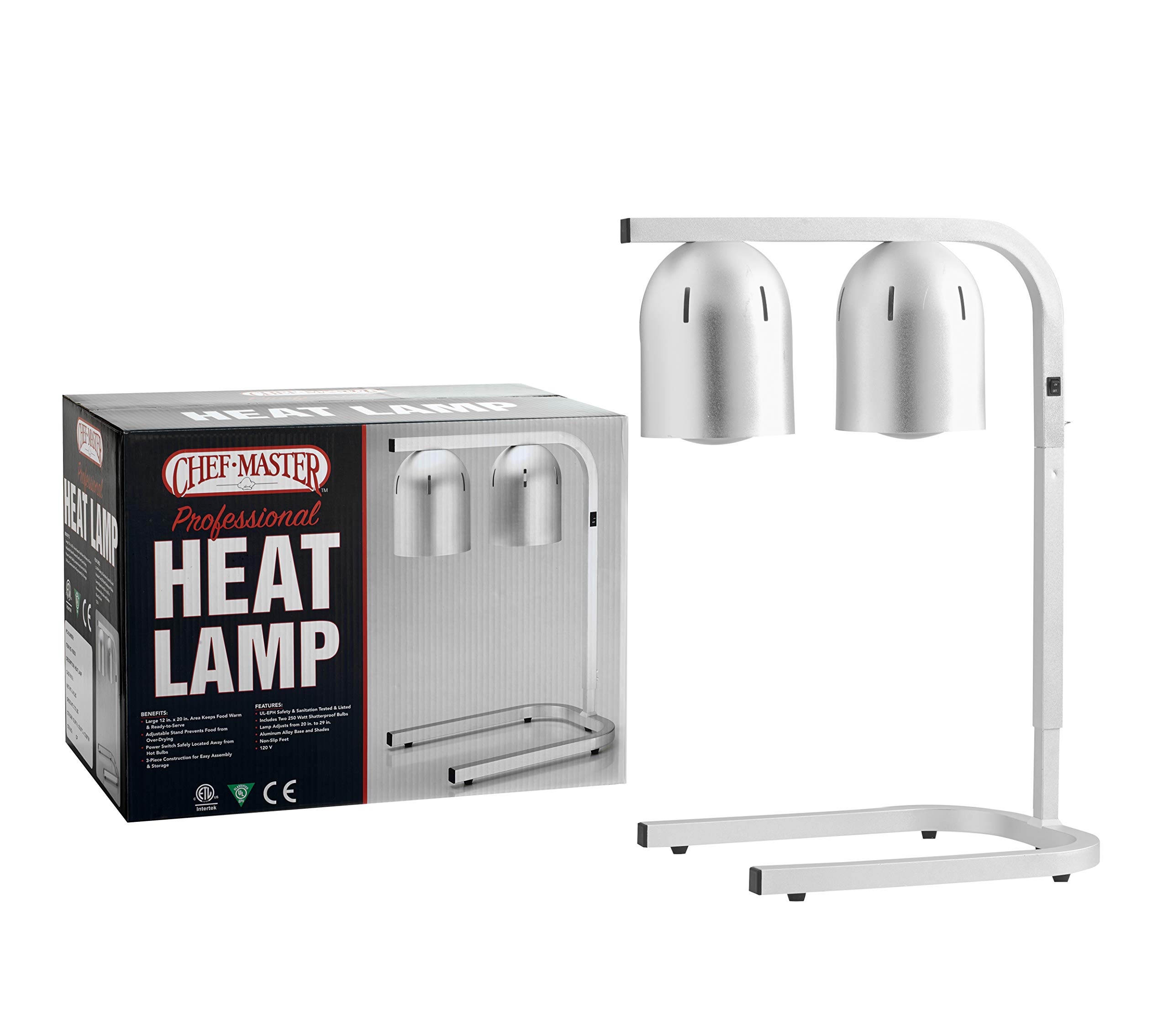 Chef Master 90050 Professional Freestanding Heat Lamp & Food Warmer - 12x20 Inch Large Size, 2 Bulb Silver Design for Restaurants, Buffets & Catering Events - Perfect for Keeping Food Warm at Parties, Banquets and Commercial Kitchens