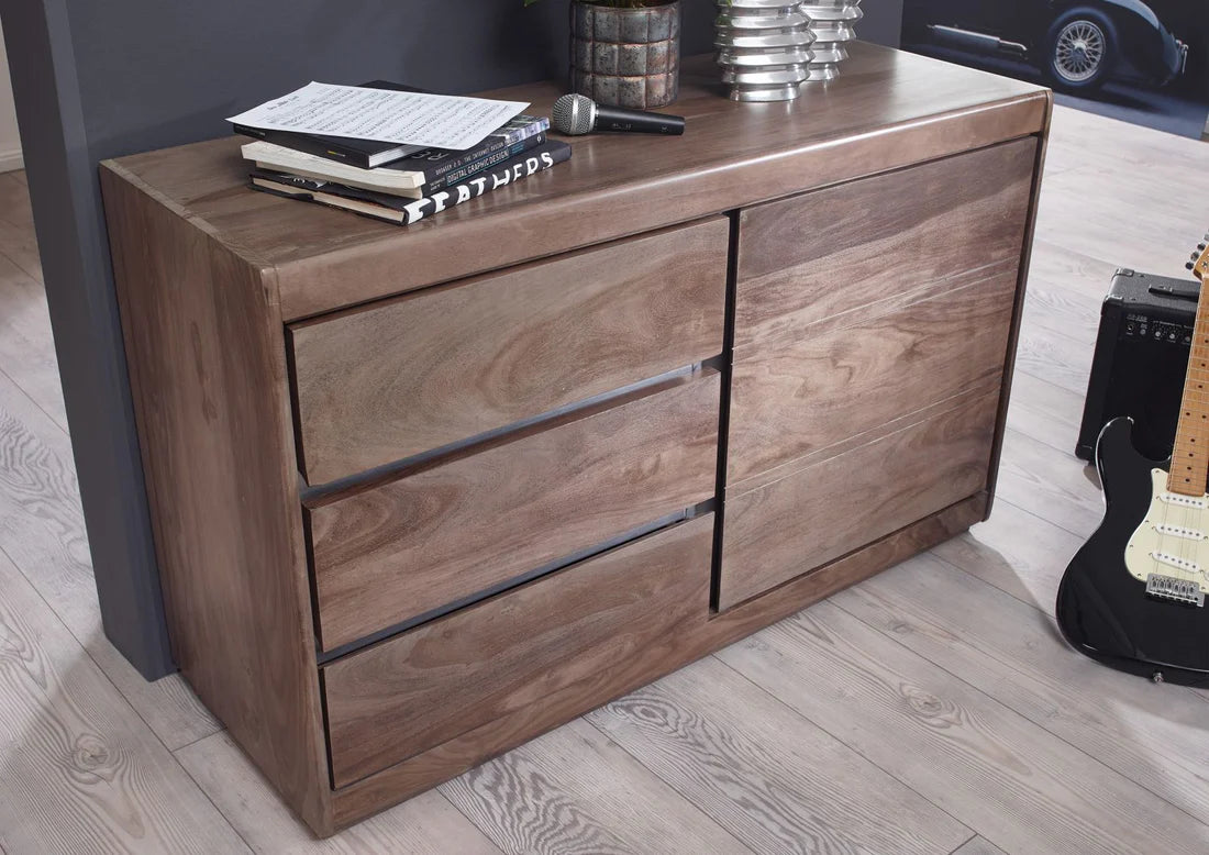 Gfine Solid Sheesham Wood Sideboard - Single Door & 3 Drawers, 127x46x76cm - Perfect for Living Room Storage & Dining Room Organization