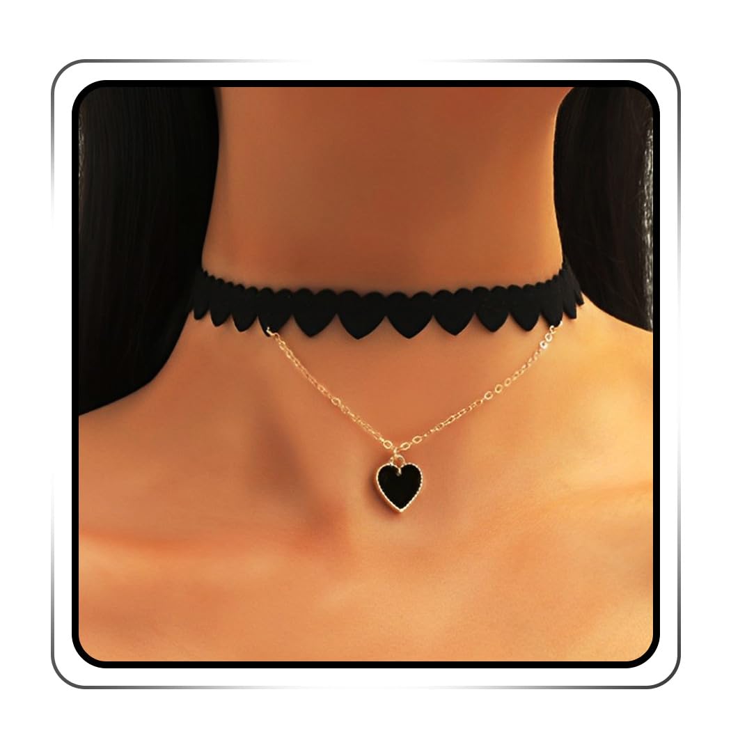 Evil Layered Choker Necklace with Black Heart Pendant - Gothic Short Necklace for Women - Perfect for Halloween, Tattoo Parties, Goth Fashion & Dark Aesthetic Outfits