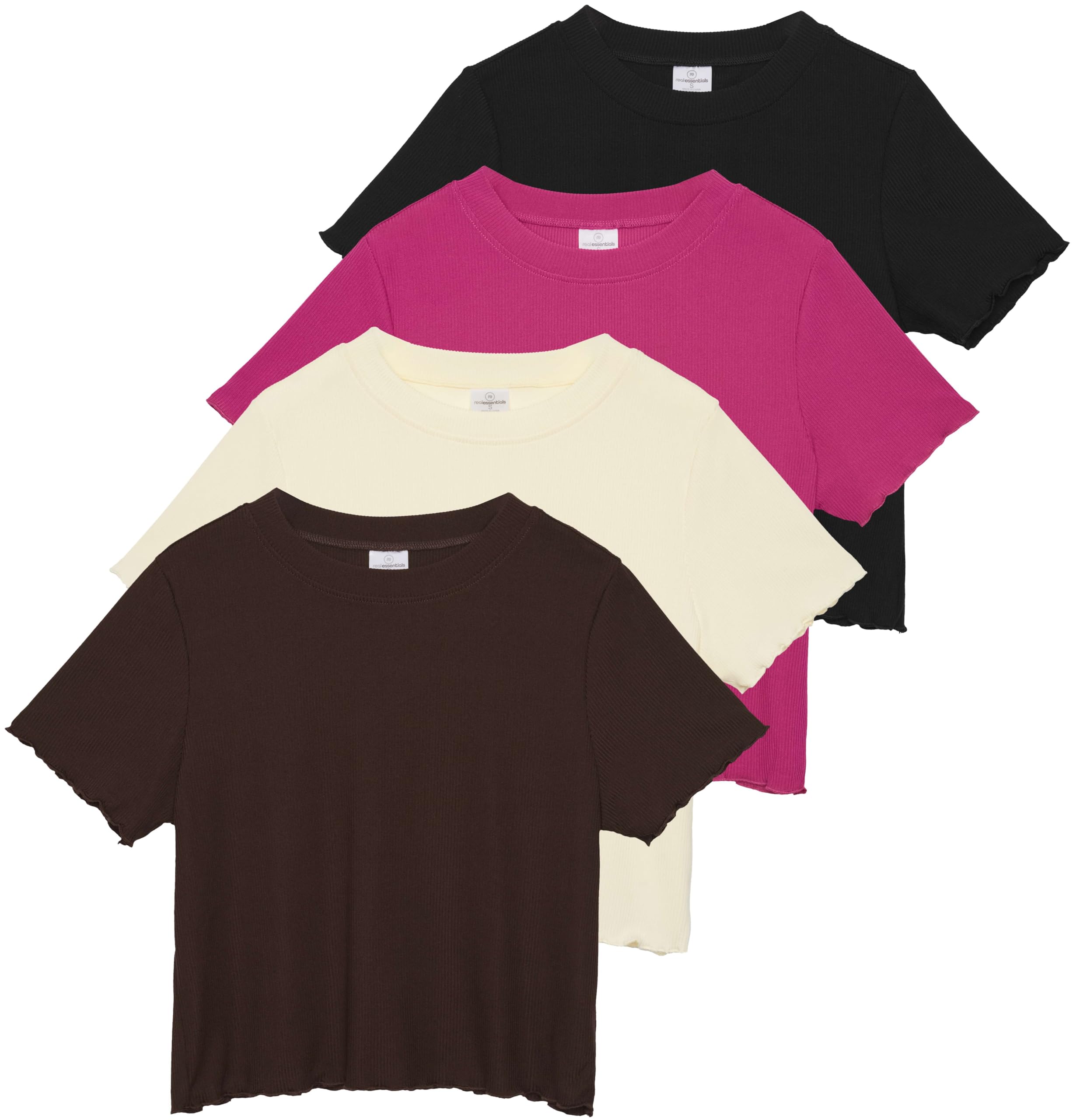 Real Essentials 4 Pack Women's Lettuce Trim Ribbed Knit Short Sleeve Crop Tops - Casual Summer Shirts for Going Out, Beach, Yoga & Everyday Wear
