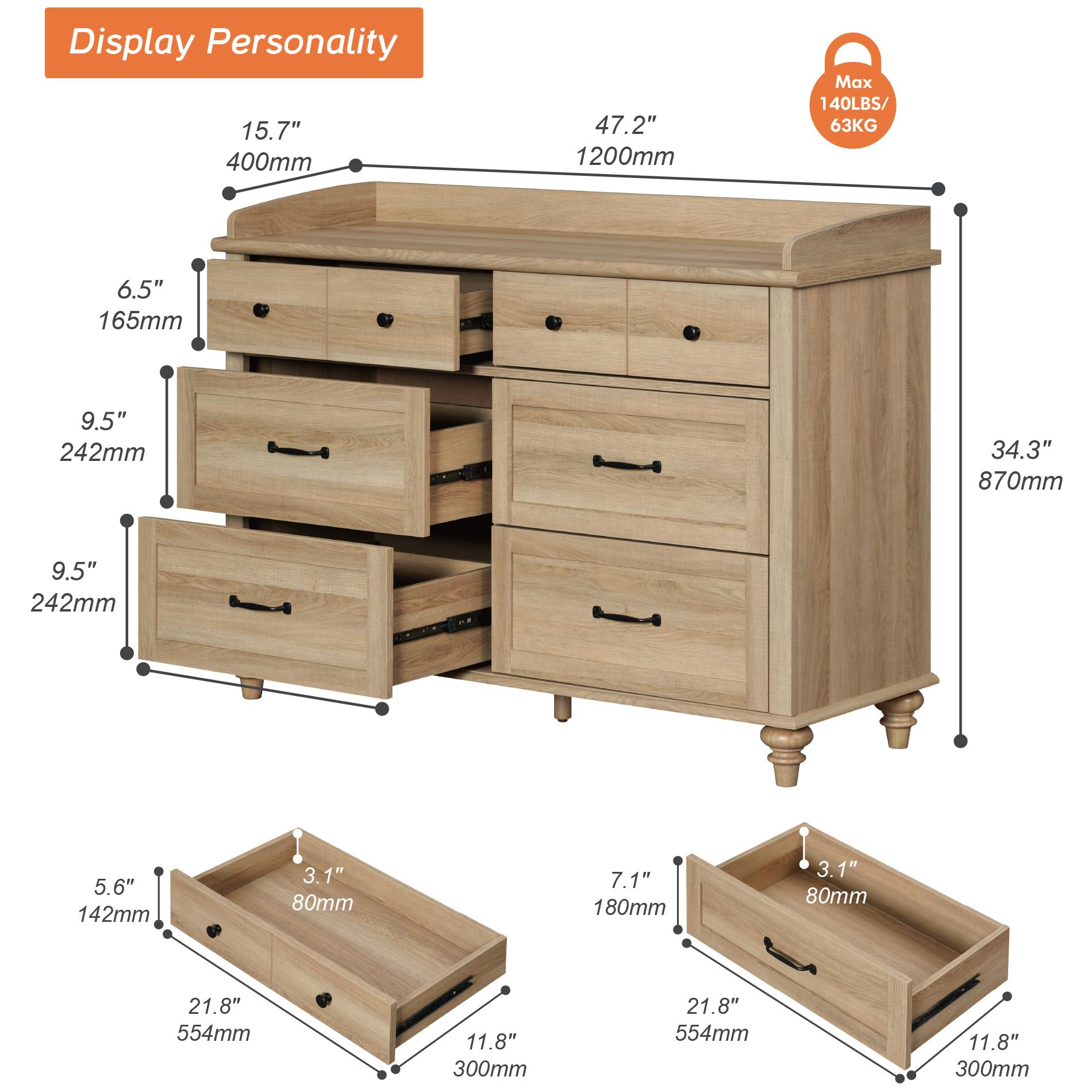 WAMPAT 6-Drawer Farmhouse Dresser for Bedroom & Nursery - Light Oak Wood Chest of Drawers for Kids Room, Living Room TV Stand, Baby Closet Storage Organizer - Perfect for Hallway, Nursery & Home Organization