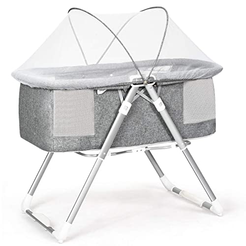 INFANS 2-in-1 Rocking Bassinet for Newborn Baby | Portable Foldable Travel Crib with Detachable Thick Mattress | Adjustable Height, Mosquito Net & Rocking/Stationary Modes (Gray) | Perfect for Nursery, Bedroom & Travel Use