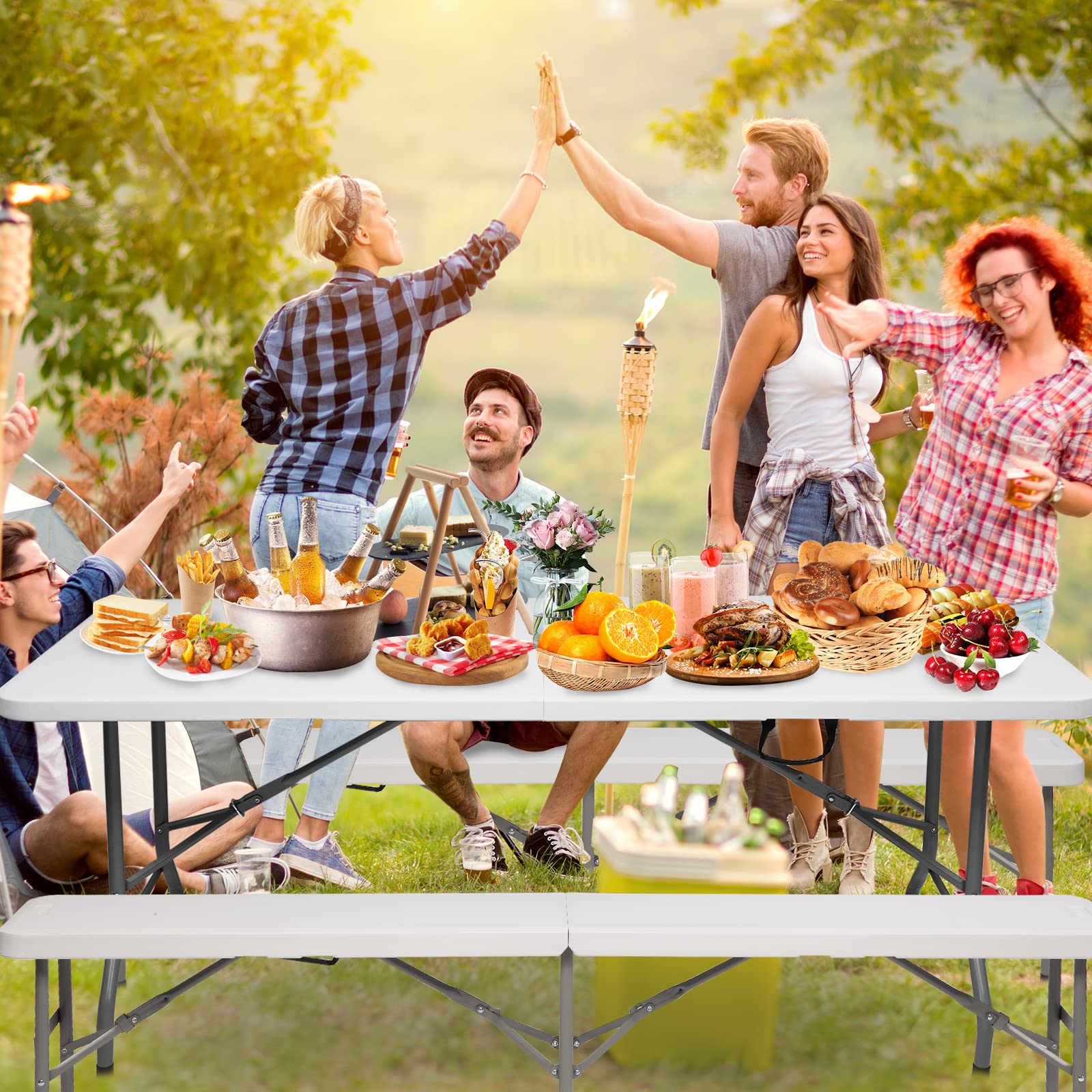 VINGLI 6 FT 3-Piece Portable Folding Picnic Table with Benches - Weather-Resistant Plastic Camping & Beer Table w/Carrying Handles - Perfect for Outdoor Dining, Backyard BBQs, Camping Trips, Patio Parties & Commercial Use