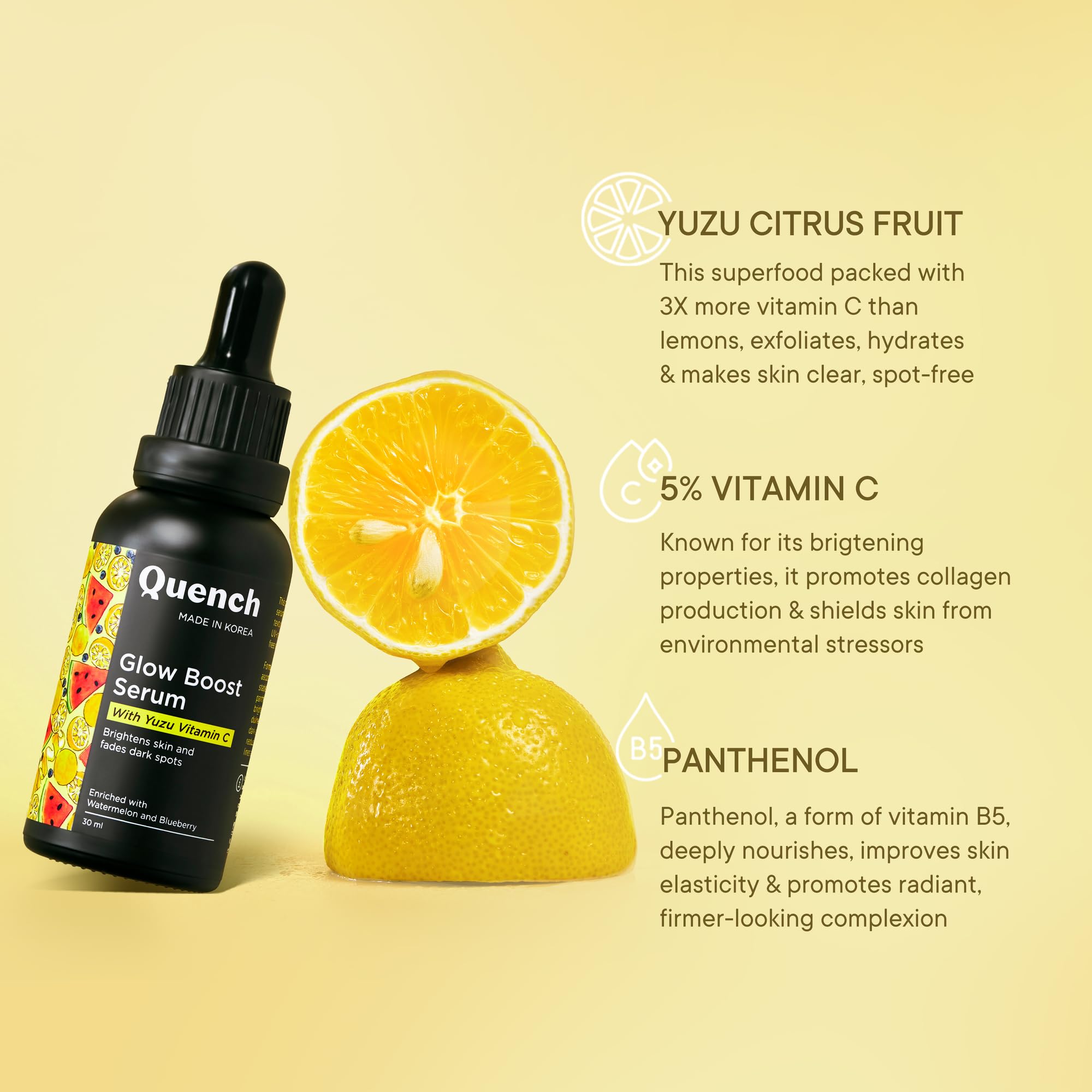 Quench Vitamin C Glow Boost Face Serum with 5% Ethyl Ascorbic Acid | Brightening Serum for Dark Spots & Uneven Skin Tone | Highly Stable & Non-Irritating | Korean Skincare | Perfect for Morning Routine & Night Care (30ml)