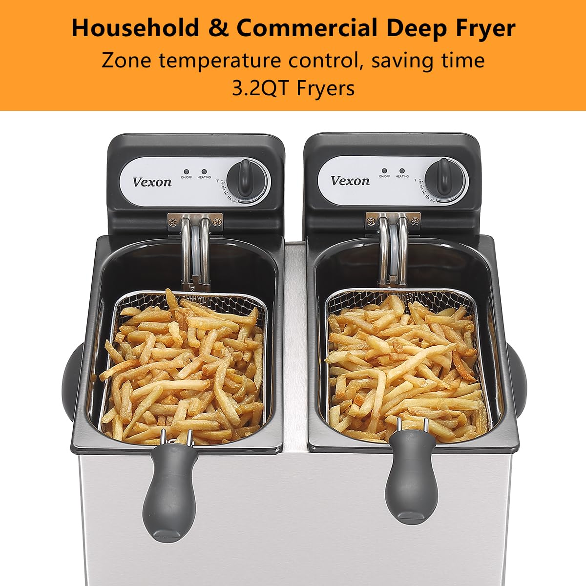 3000W Commercial Electric Deep Fryer with Baskets & Lids - 2x3L Stainless Steel Double Fryer for Restaurants, Fast Food & Home Use - Small Deep Fryer with Temperature Control & Overheat Protection - Perfect for French Fries, Chicken Wings & Seafood
