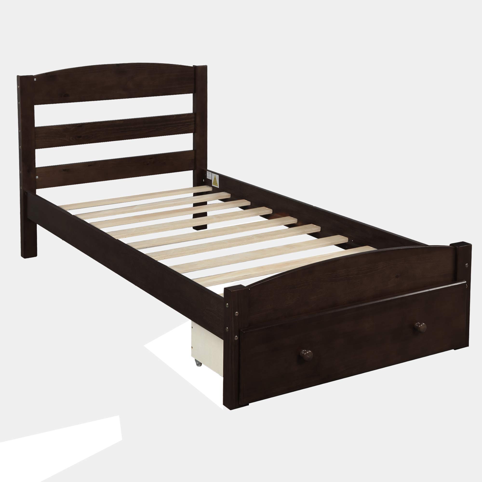 KLMM Solid Wood Twin Bed Frame with Storage Drawers - Wood Slat Support, Headboard & Footboard - No Box Spring Needed - Espresso Finish - Perfect for Small Bedrooms, Guest Rooms & Kids Rooms