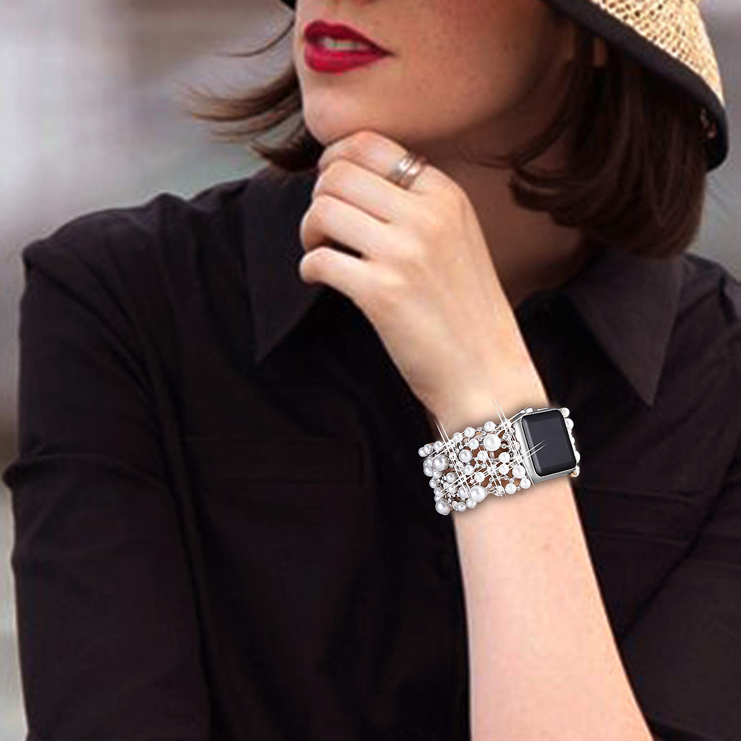 VIQIV Bling Bands Compatible with Apple Watch 38mm 40mm 41mm 42mm 44mm 45mm 49mm - Diamond Rhinestone Metal Pearl Bracelet Strap for Women - Perfect for Parties, Weddings, and Special Occasions