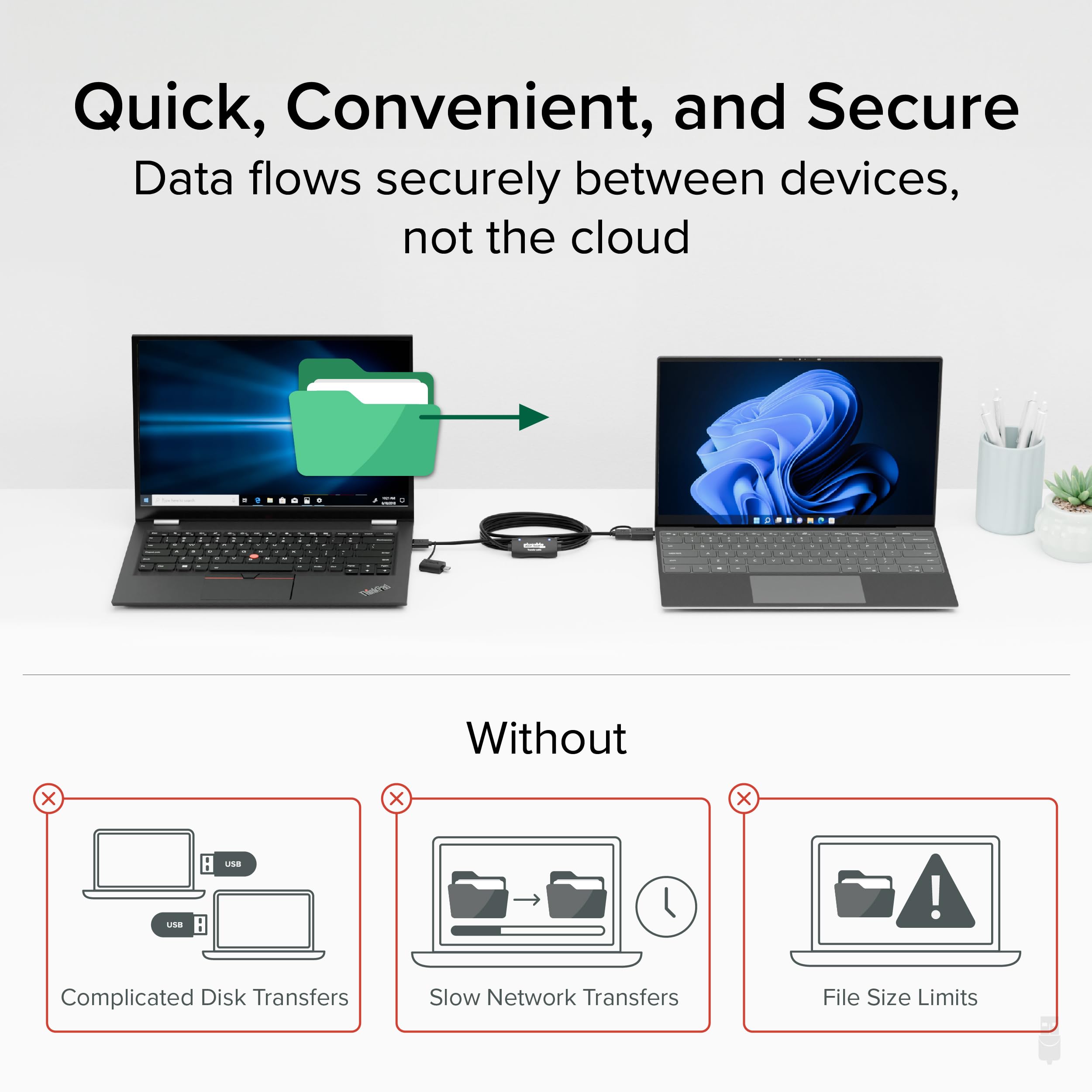 Plugable USB 3.0 to USB C Data Transfer Cable - 6.6ft PC to PC File Sync Cable for Windows | Fast Data Migration Between Computers | Includes Bravura Easy Computer Sync Software | Perfect for Upgrading to New Laptop or Transferring Files Between Devices (USBC-TRAN)