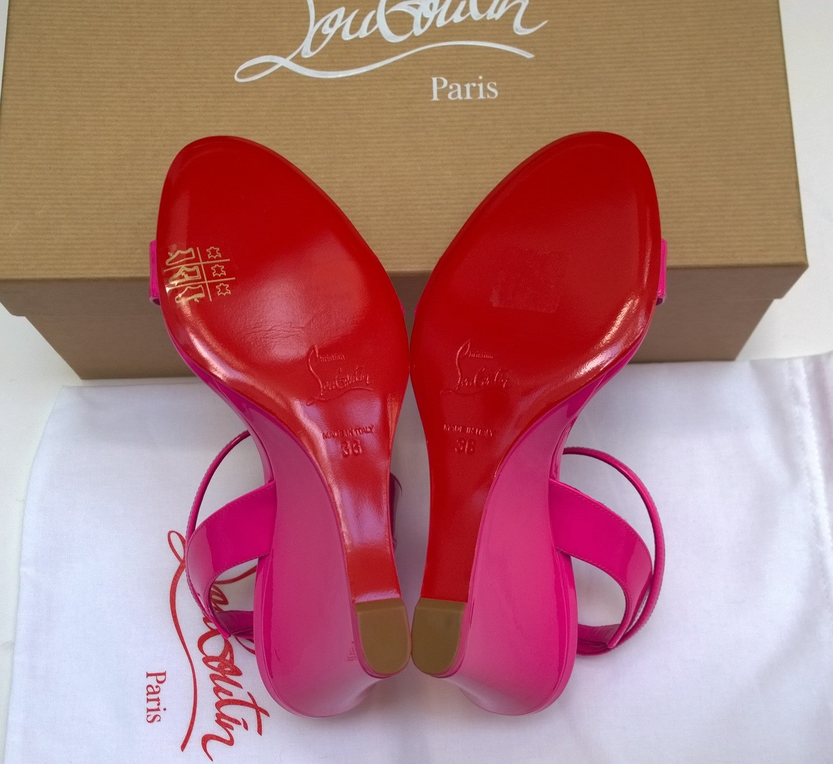 Christian Louboutin Zeppa Chick 100 Bolerose Bright Pink Patent Leather Wedge Sandals Heels - Women's Luxury Designer Shoes for Weddings, Parties & Summer Outfits