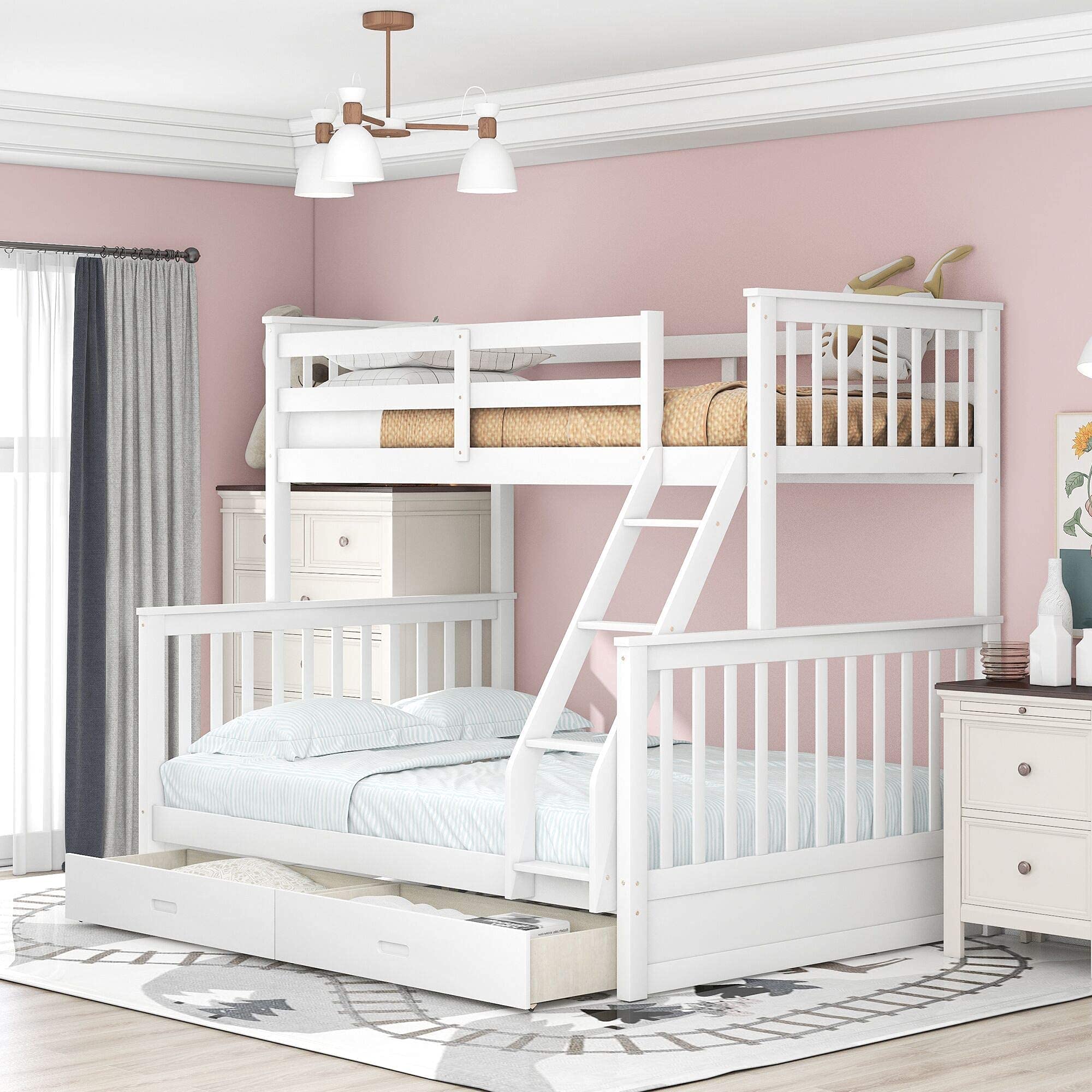 MERITLINE Twin Over Full Wood Bunk Bed Frame with Storage Drawers - White | Space-Saving Kids Bedroom Furniture for Siblings or Sleepovers