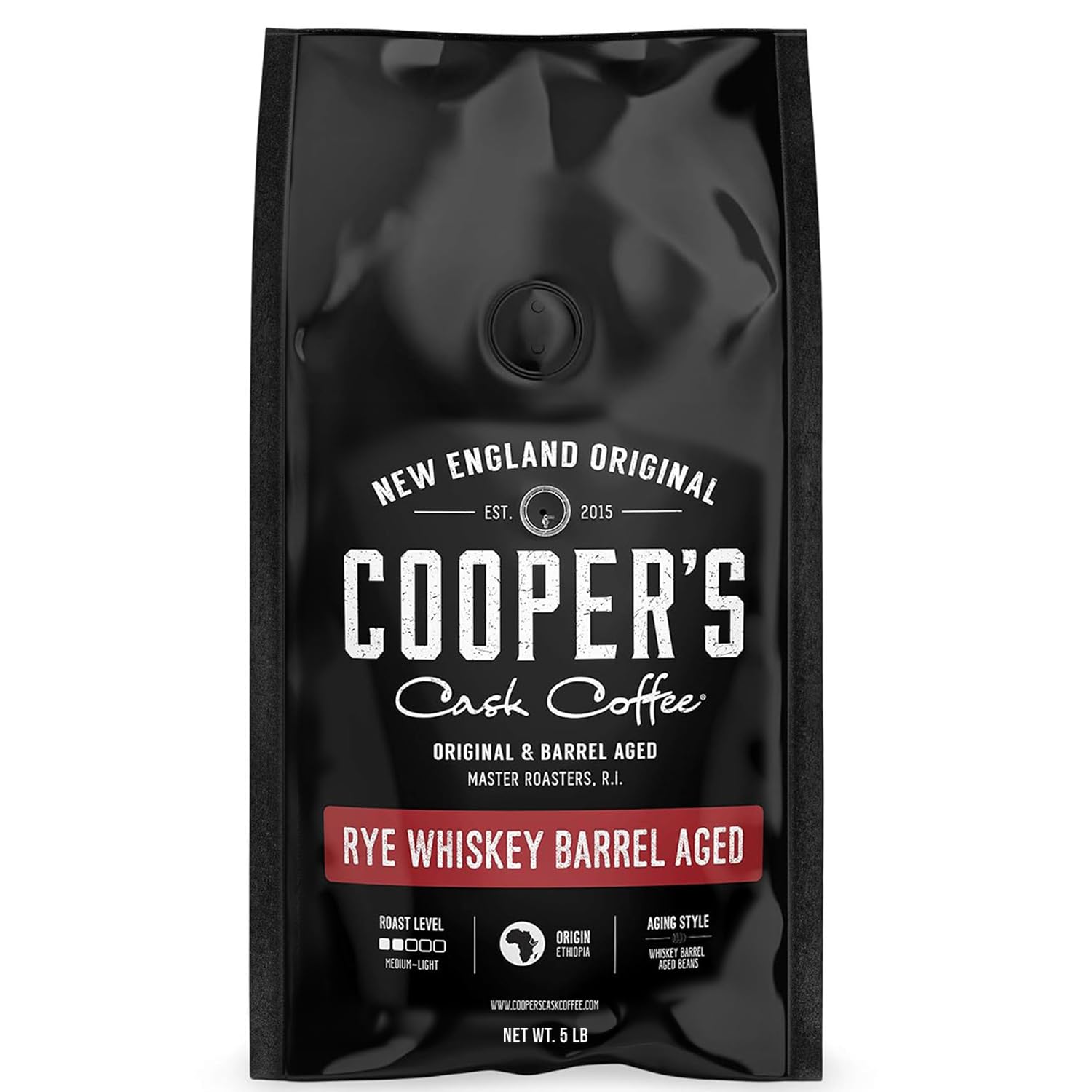 Rye Whiskey Barrel Aged Coffee Beans - Single Origin Ethiopian, Freshly Roasted Whole Beans Aged in Rye Whiskey Casks, 5lb Bag by Battle Cry Whiskey | Perfect for Coffee Enthusiasts, Gourmet Gifts & Whiskey Lovers