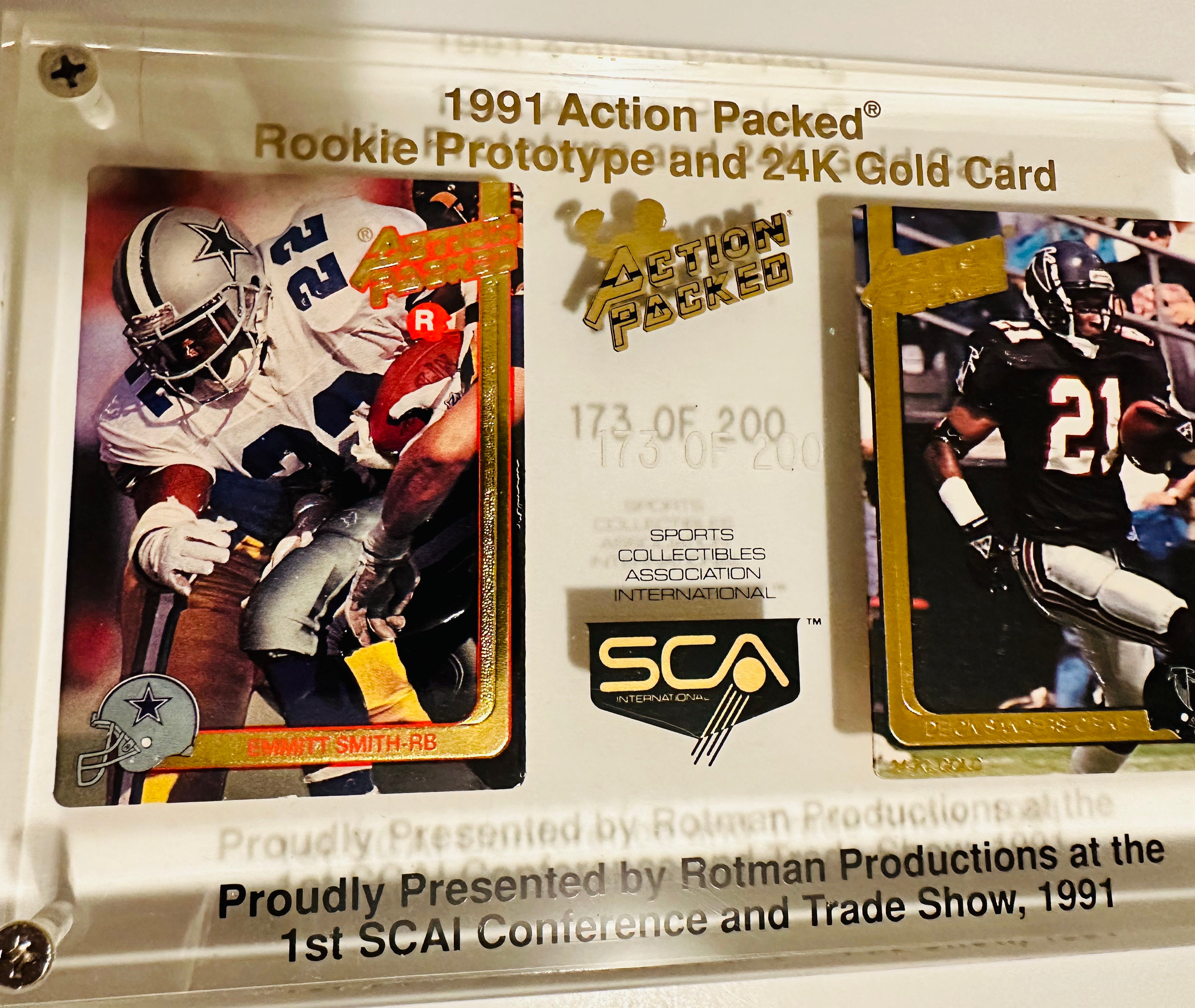 Rare Limited Edition SCA Dinner Lucite Football Display with Emmitt Smith Rookie Promo #173/200 - Perfect for Sports Memorabilia Collectors and Dallas Cowboys Fans