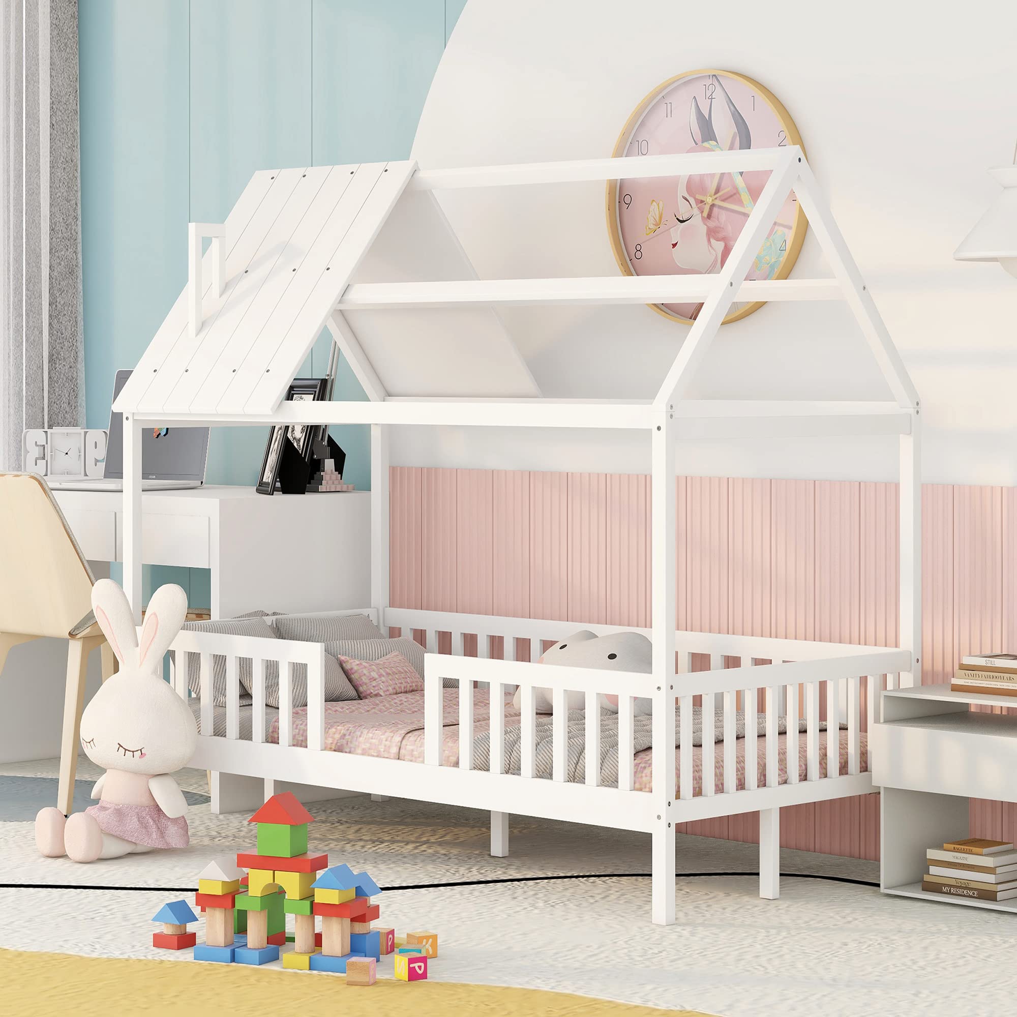 Harper & Bright Designs Twin Size Kids House Bed - Wooden Bed Frame with Roof, Chimney & Fence - Toddler Platform Bed with Slats Support (No Box Spring Needed) - White & White - Perfect for Kids' Bedroom, Playroom & Nursery Decor