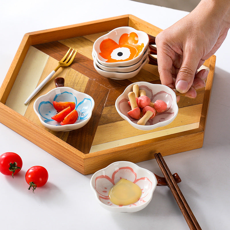 Floral Condiments Dish with Chopsticks Rest - Elegant Ceramic Soy Sauce Plate for Sushi, Dumplings & Asian Cuisine - Perfect for Dining Table, Kitchen & Party Serving