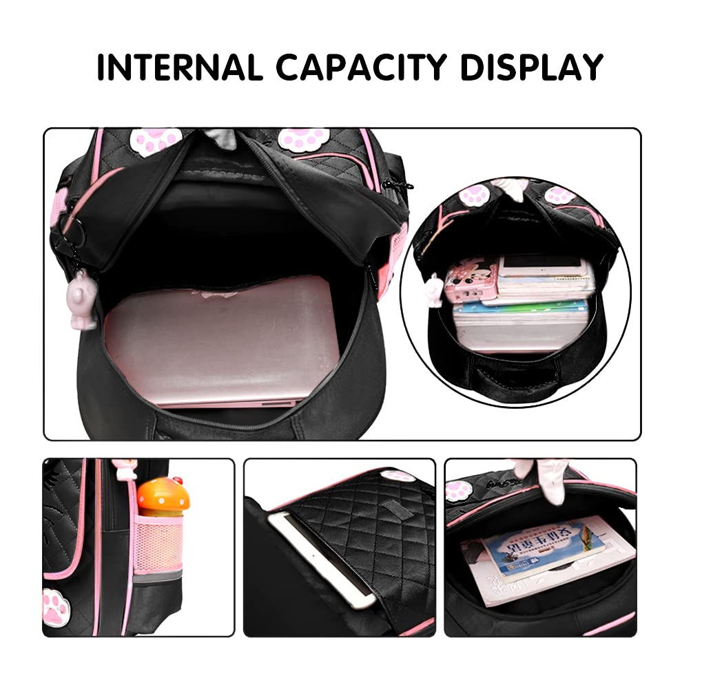 MCWTH Cute Cat Face Backpack for Girls - Stylish Elementary School Bookbag, Durable Daypack for Teens (Black) - Perfect for School, Travel & Daily Use