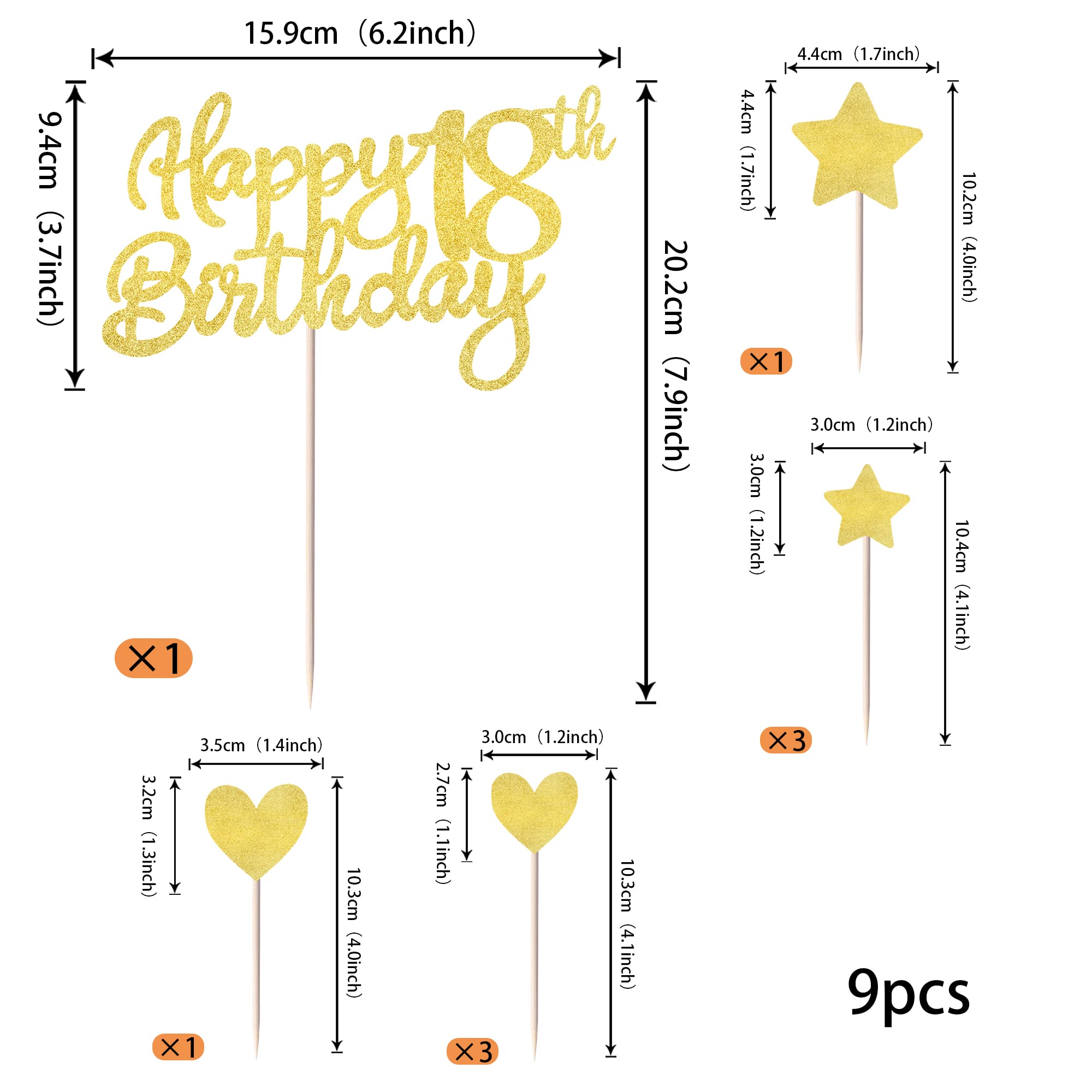 Rsstarxi 9 Pack Happy 18th Birthday Cake Toppers - Glitter Heart & Star Cupcake Decorations for 18th Birthday Party | Cheers to 18 Years Old Teen Celebration | Perfect for Anniversary Cakes, Cupcakes & Party Desserts