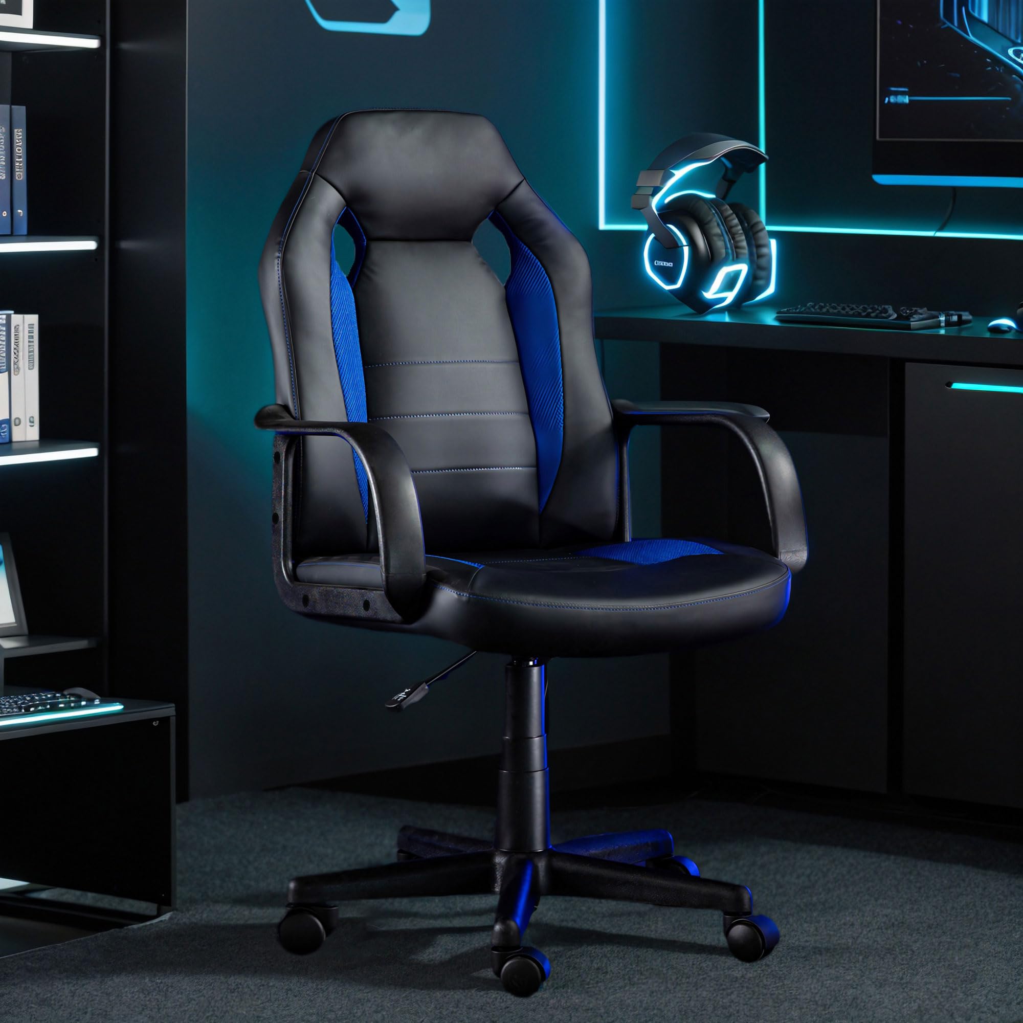 Ergonomic Gaming Chair for Adults & Teens - High Back Racing Style Computer Desk Chair with PU Leather, Adjustable Height & Lumbar Support - Perfect for Home Office, Gaming & Workstations (Black & Blue)