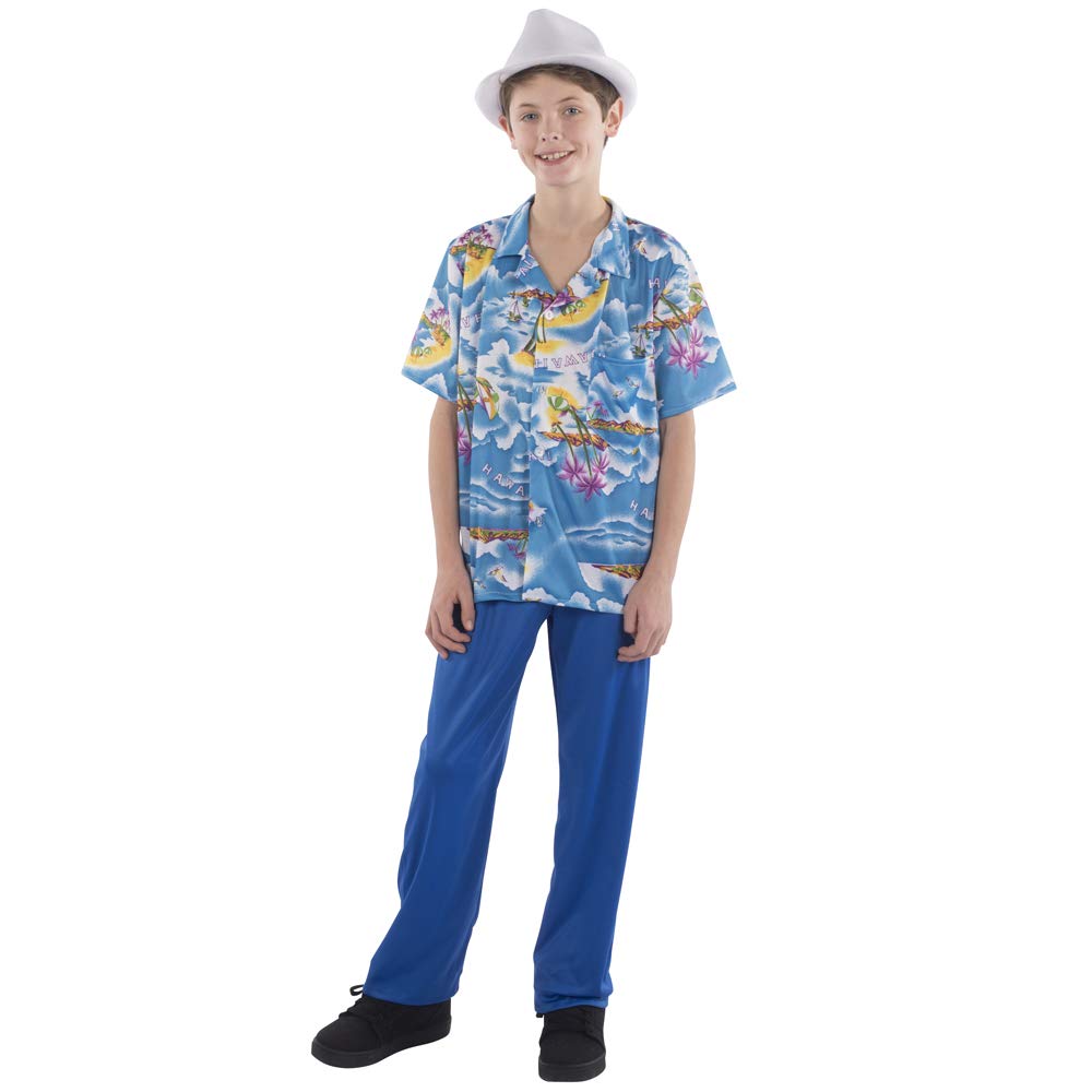 Blue Hawaiian Shirt and Pants Tropical Outfit Costume for Kids - Aloha Summer Beach Party, Luau Theme Dress Up, Vacation Photoshoot