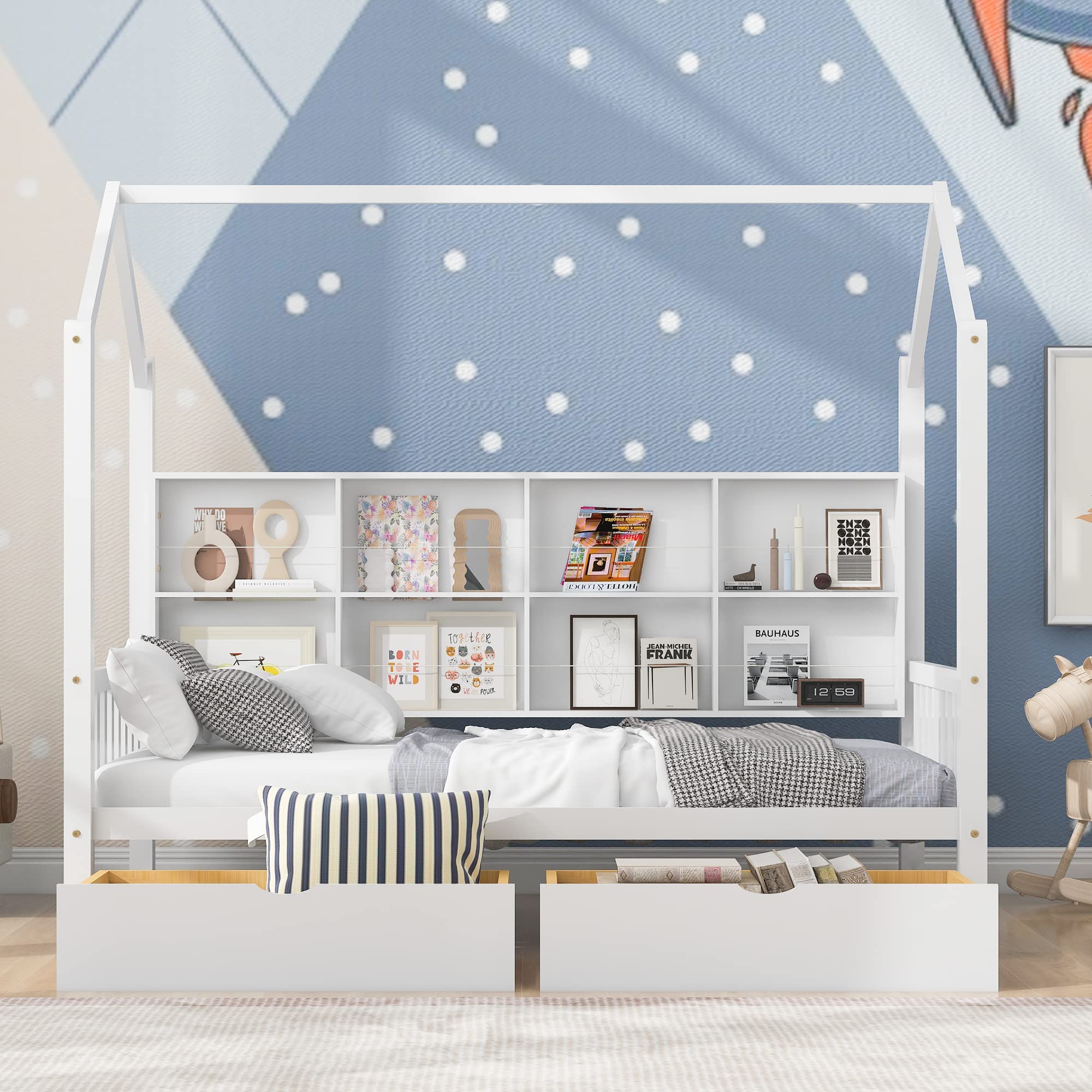 Harper & Bright Designs Twin House Bed with Storage Drawers & Shelves - Kids Montessori Playhouse Wooden Tent Daybed Frame for Girls, Boys & Teens - White - Perfect for Bedrooms, Playrooms & Montessori Learning Spaces