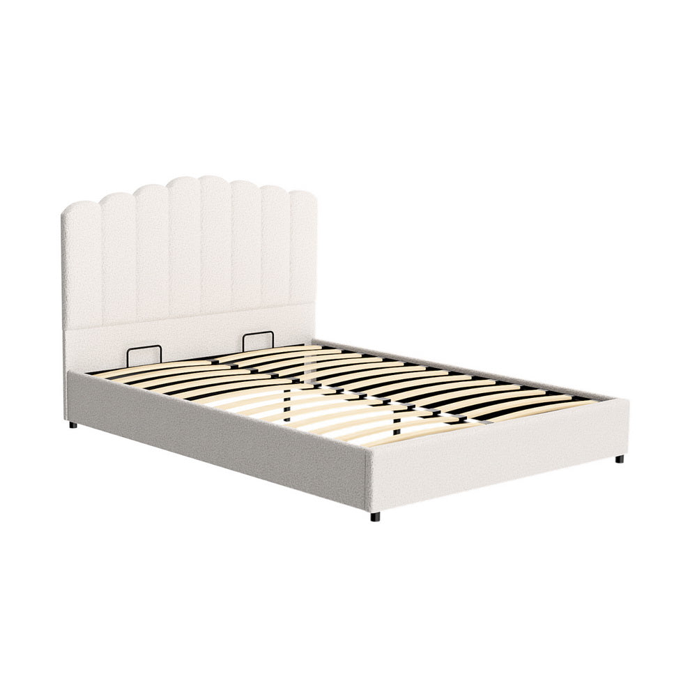 Fion Queen Boucle Upholstered Storage Bed in Cream White - Modern Platform Bed with Underbed Storage for Small Spaces, Bedroom Organization & Stylish Home Decor