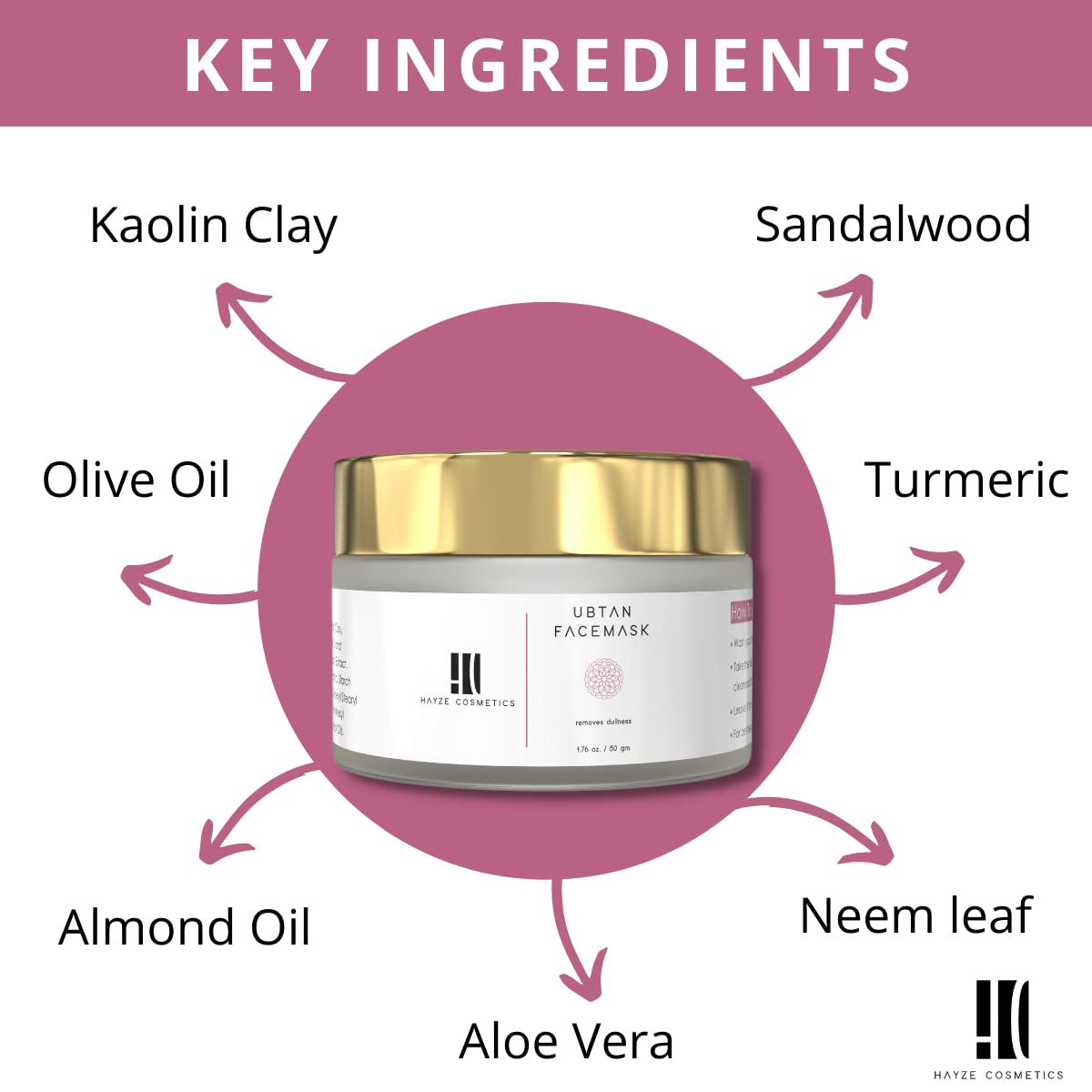 Hayze Cosmetics Ubtan Face Mask with Turmeric & Sandalwood - Natural Tan Removal & Skin Brightening Treatment for Dark Spots & Hyperpigmentation | Kaolin Clay & Olive Oil Formula | 50g | Perfect for Daily Glow Routine & Post-Sun Care
