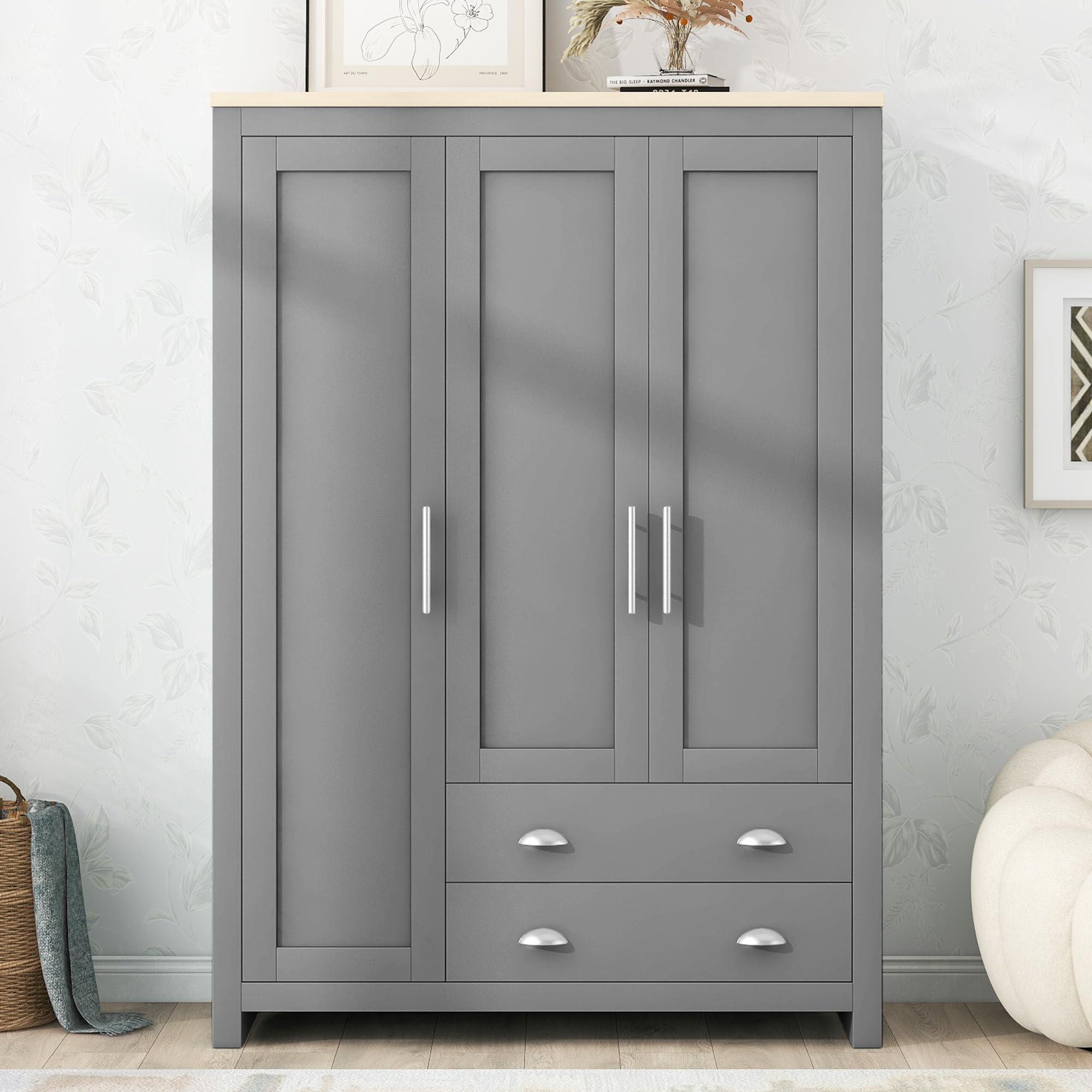 Merax 3-Door Grey Wood Wardrobe Cabinet - Bedroom Closet Organizer with Large Drawers, Hanging Rails & Shelves | Functional Clothes Storage for Home, Dorm, Apartment (Gray) | Perfect for Small Spaces & Modern Bedroom Decor