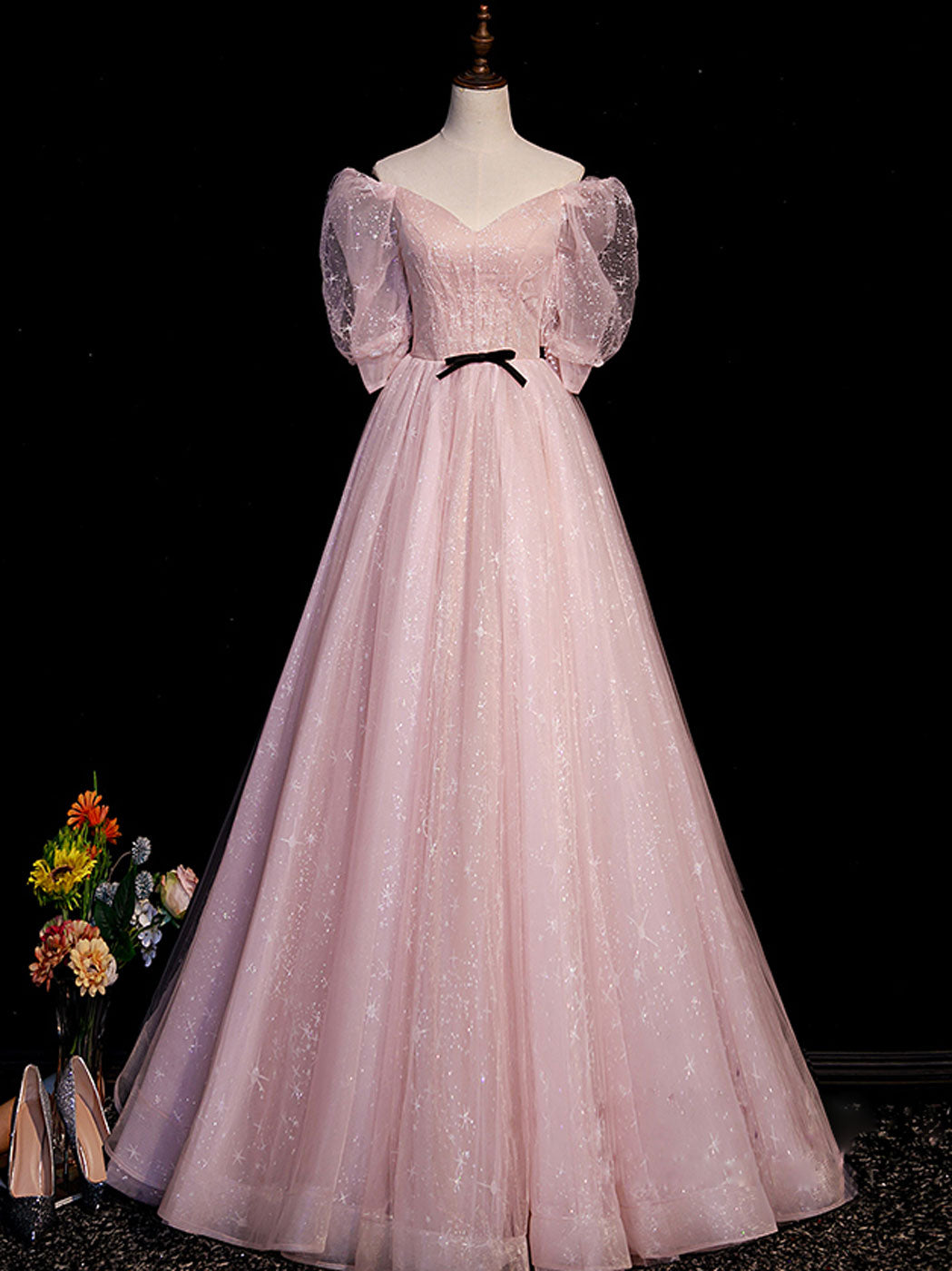 Elegant Pink A-Line Puffy Sleeves Tulle Long Prom Dress for Sweet 16 - Perfect for Homecoming, Quinceañera & Formal Events