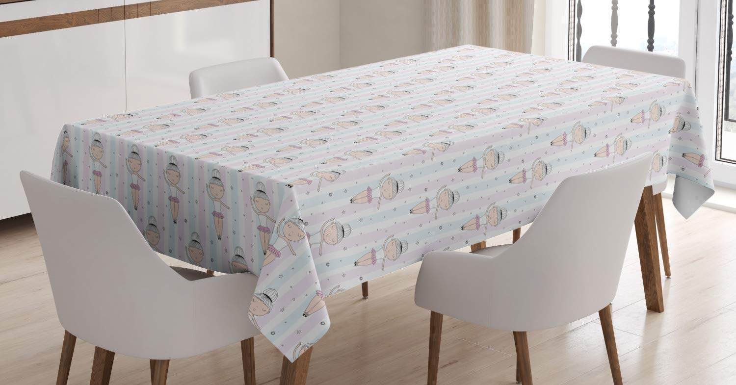 Ambesonne Ballerina Tablecloth - Elegant Cartoon Ballerina Design on Striped Starry Background, 60