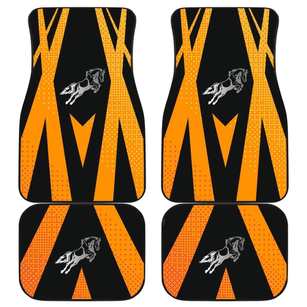Premium Custom Mustang Horse Metallic Printed Car Floor Mats - Black & Orange Design - Perfect for Ford Mustang Enthusiasts & Car Show Displays