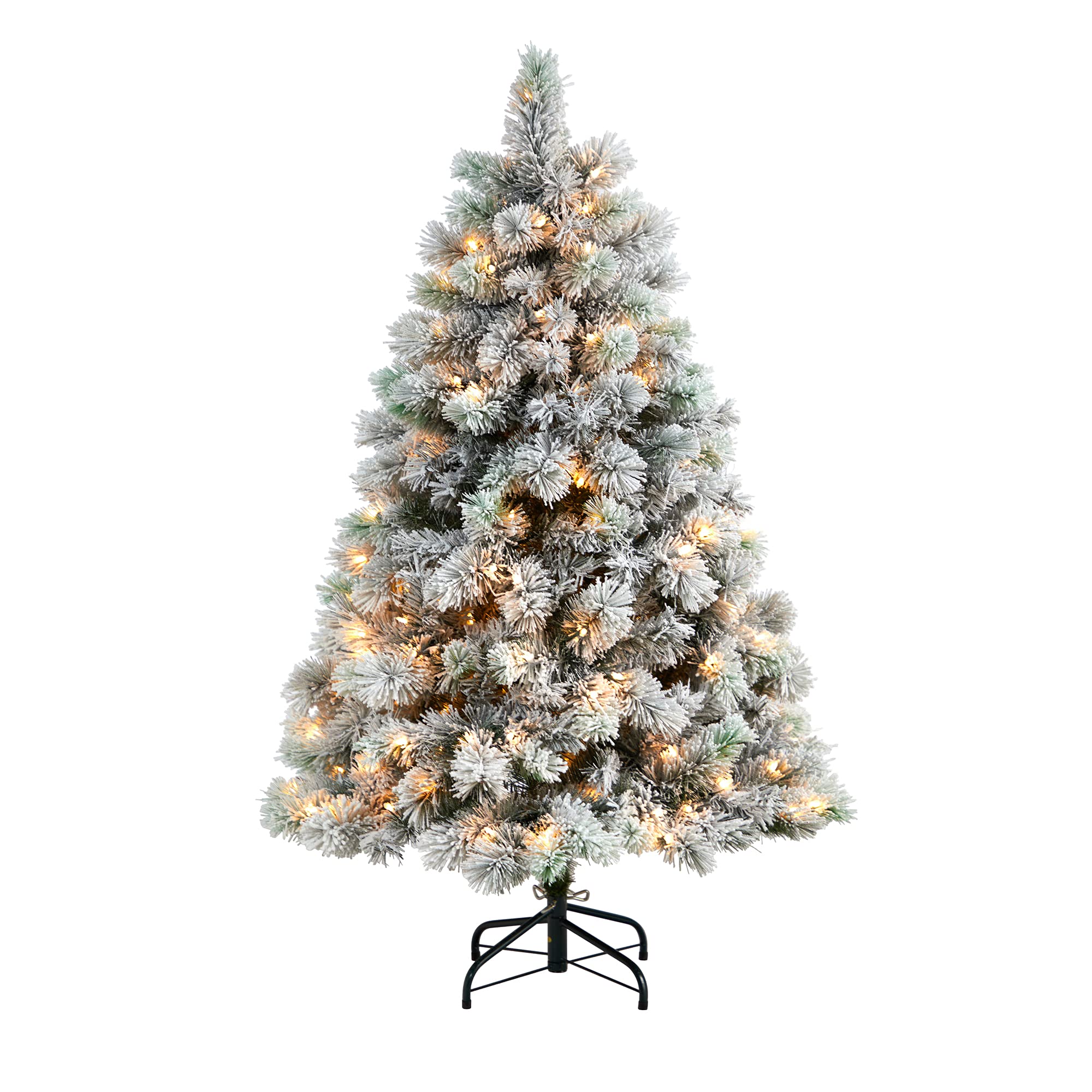 Nearly Natural 5ft Flocked Oregon Pine Artificial Christmas Tree with 200 Clear Lights & 347 Bendable Branches | Perfect for Home, Office, and Holiday Decorations