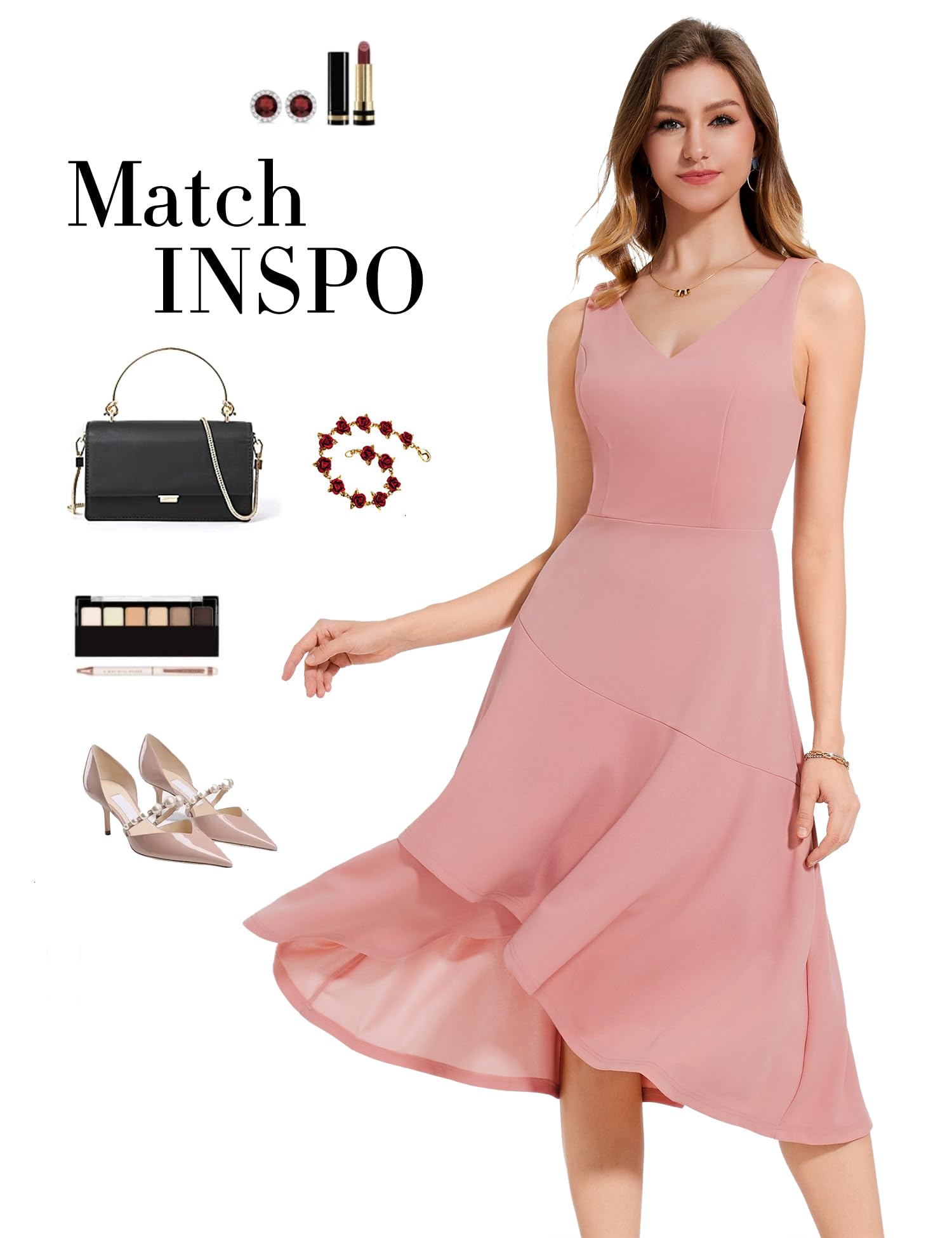 Aupuls Women's Pink Formal Midi Cocktail Dress - Elegant Blush Wedding Guest Dress G007 | Perfect for Cocktail Parties, Bridal Showers & Evening Events