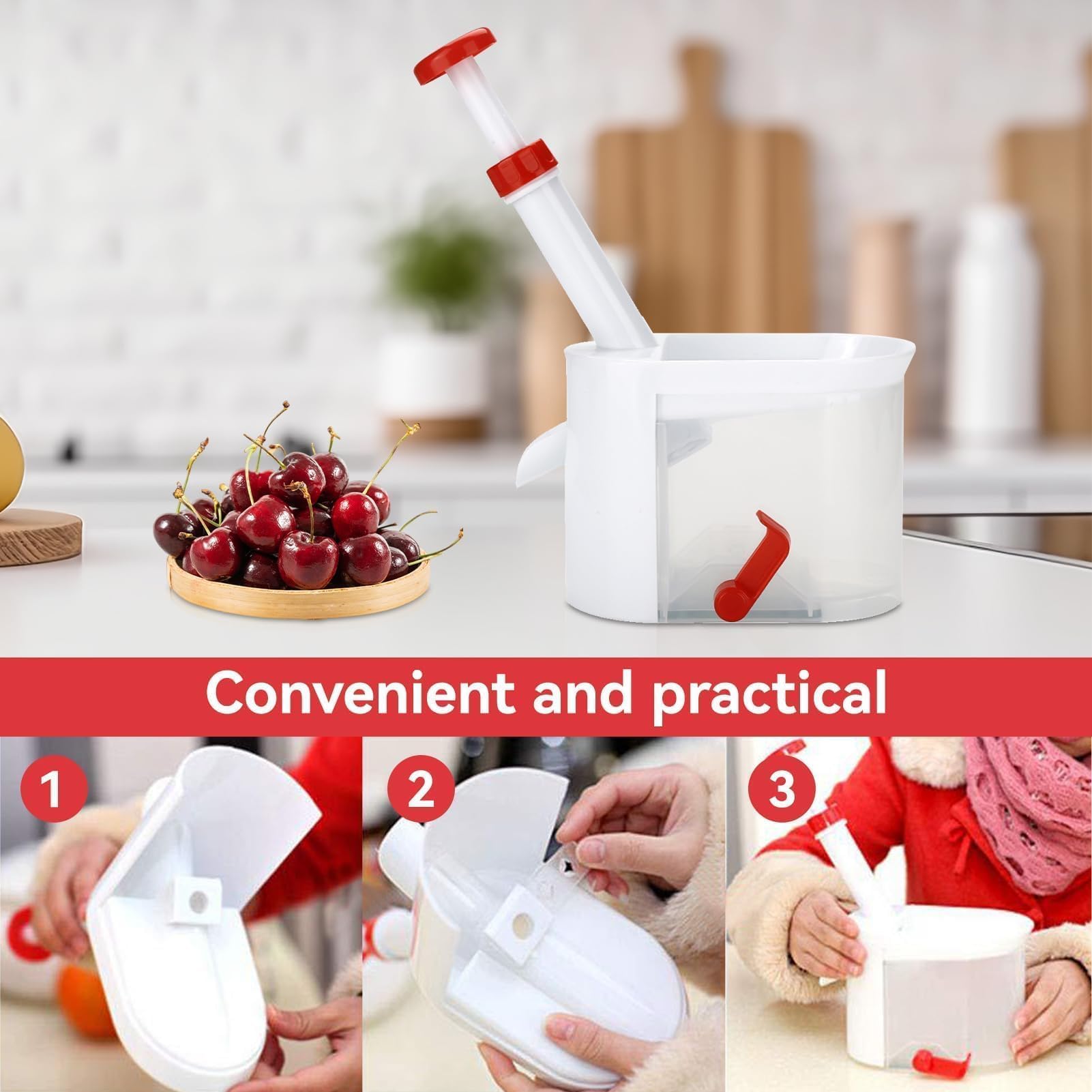 Cherry Pitter Tool with Stone Catcher Container - Reusable Plastic Cherry & Grape Seed Remover for Home, Kitchen, Travel - Perfect for Baking, Juicing, and Fruit Snacks