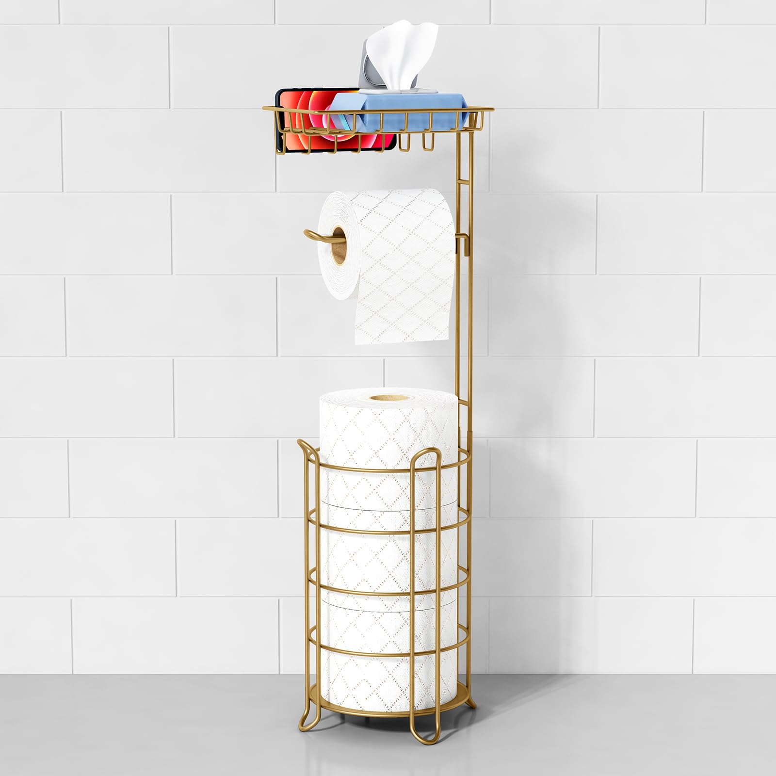 Gold Freestanding Toilet Paper Holder Stand with Phone Shelf & Wipes Tray - Heavy Duty Metal Floor Bathroom Tissue Organizer for Large Mega Rolls - Perfect for Home, Office & Guest Bathrooms