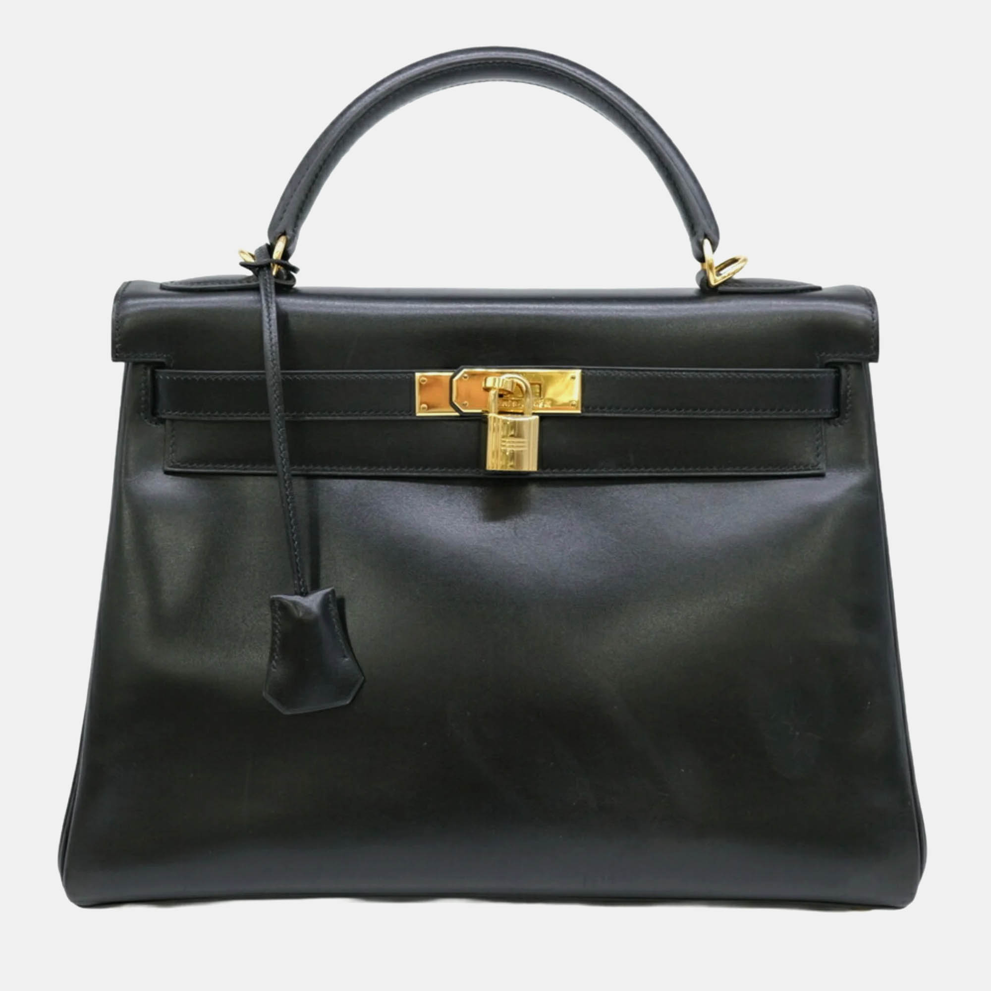 Luxury Black Box Calf Leather Kelly 32 Handbag for Women | Designer Shoulder Bag & Crossbody Purse | Perfect for Work, Evening Events & Travel Accessories