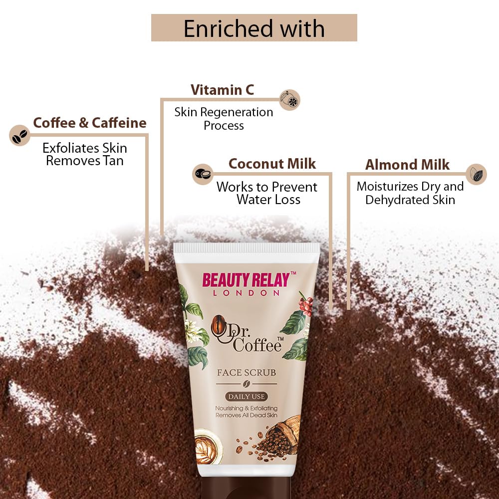 Dr. Coffee Deep Cleansing & Exfoliating Face Scrub with Arabica Coffee, Almond Milk & Argan Oil - Blackhead & Tan Removal for Men & Women (180g) - Perfect for Daily Skincare & Post-Shave Care