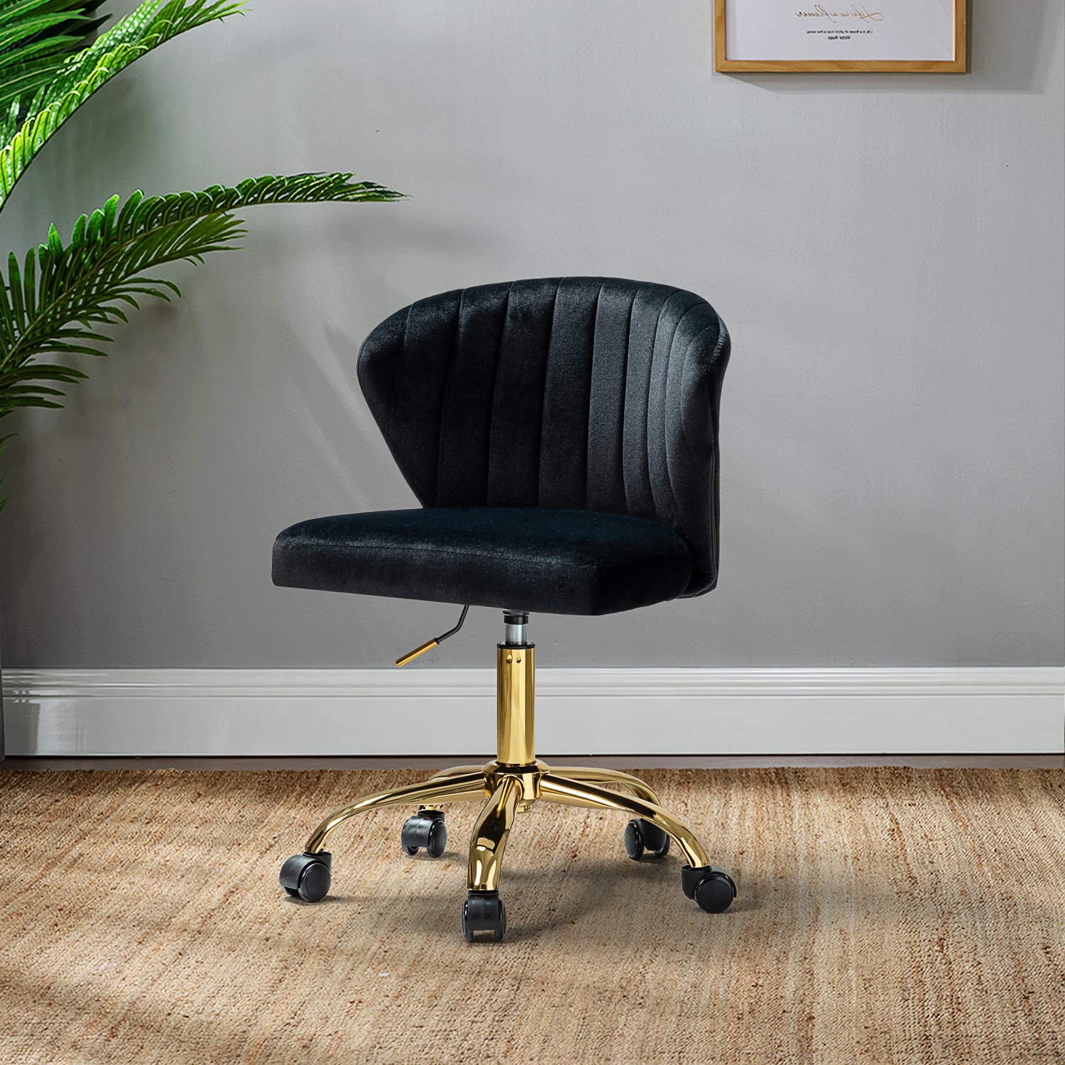 TINA'S HOME Modern Velvet Office Chair with Wheels - Adjustable Low Back Swivel Rolling Task Chair, Gold Base Armless Design for Home Office, Living Room, Vanity or Study - Black | Ergonomic Workspace & Reading Solution