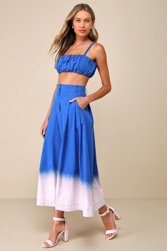Elegant Blue Ombre Two-Piece Sleeveless Midi Dress for Women | Summer Beach Party & Vacation Outfit | Flowy Boho Chic Fashion