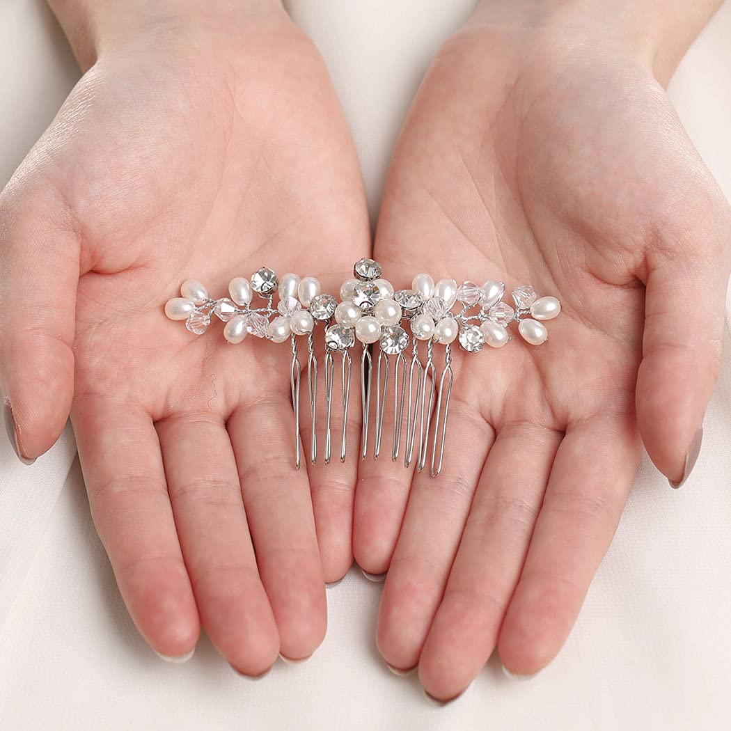Brishow Crystal Bridal Hair Comb - Pearl Wedding Hair Accessories for Women & Girls (Silver) - Perfect for Brides & Special Occasions