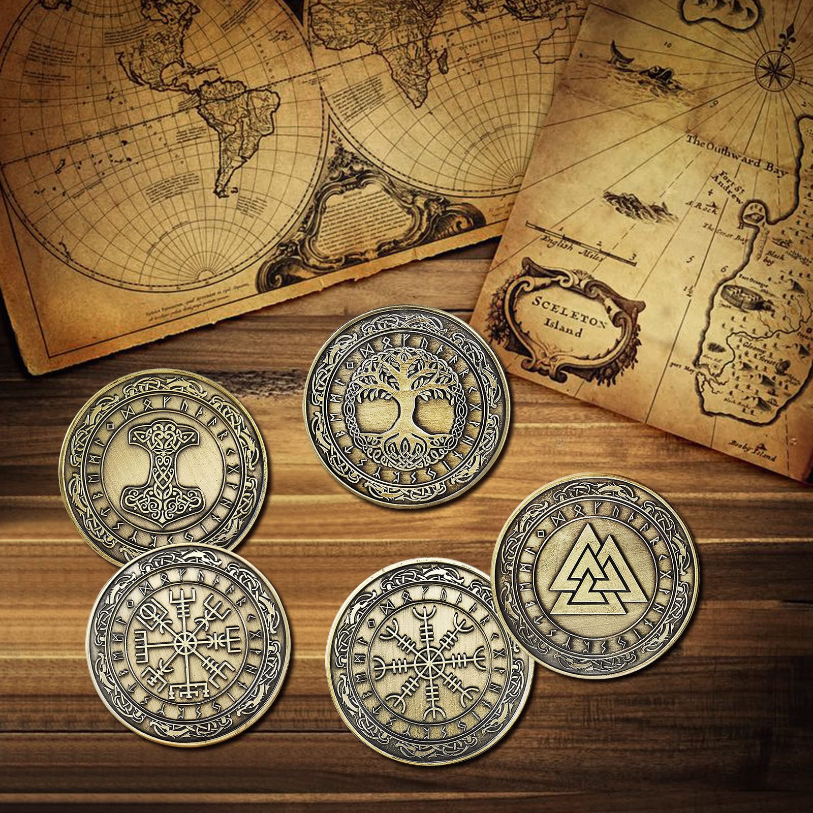 Viking Rune Coin Set of 5 - Norse Mythology Amulet Necklace - Viking Jewelry Gifts for Men & Women - Perfect for Cosplay, LARP, Historical Reenactment & Viking Enthusiasts