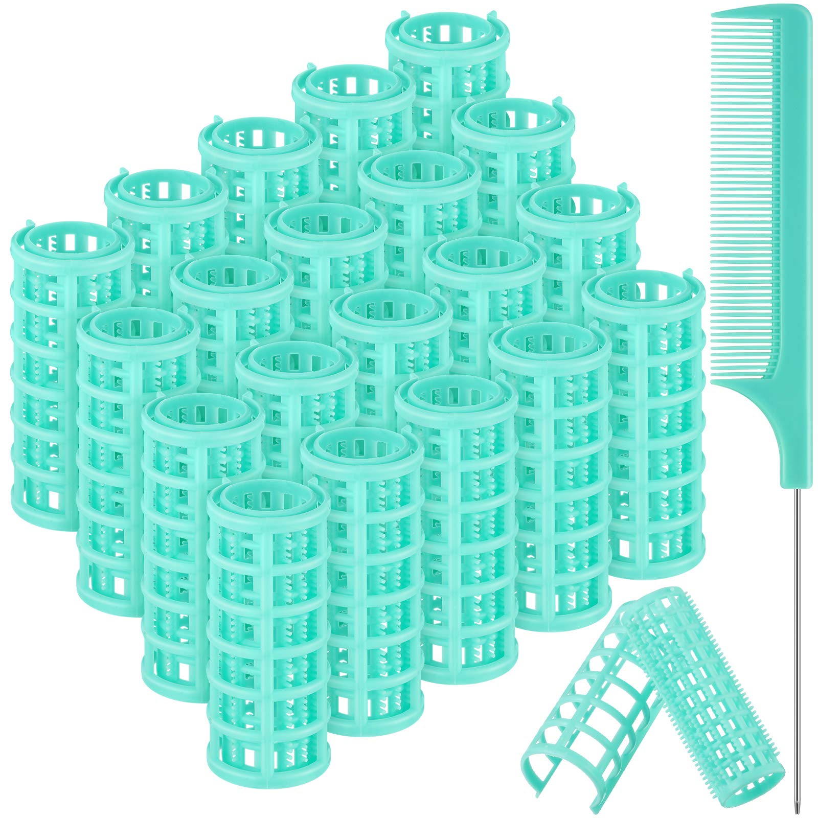 Syhood 20-Piece Plastic Hair Rollers Set - 0.98 Inch/2.5cm Hair Curlers with Rat Tail Comb for Short & Long Hair Styling - Light Green | Salon-Quality Hairdressing Tools for Home Use, Parties & Special Occasions