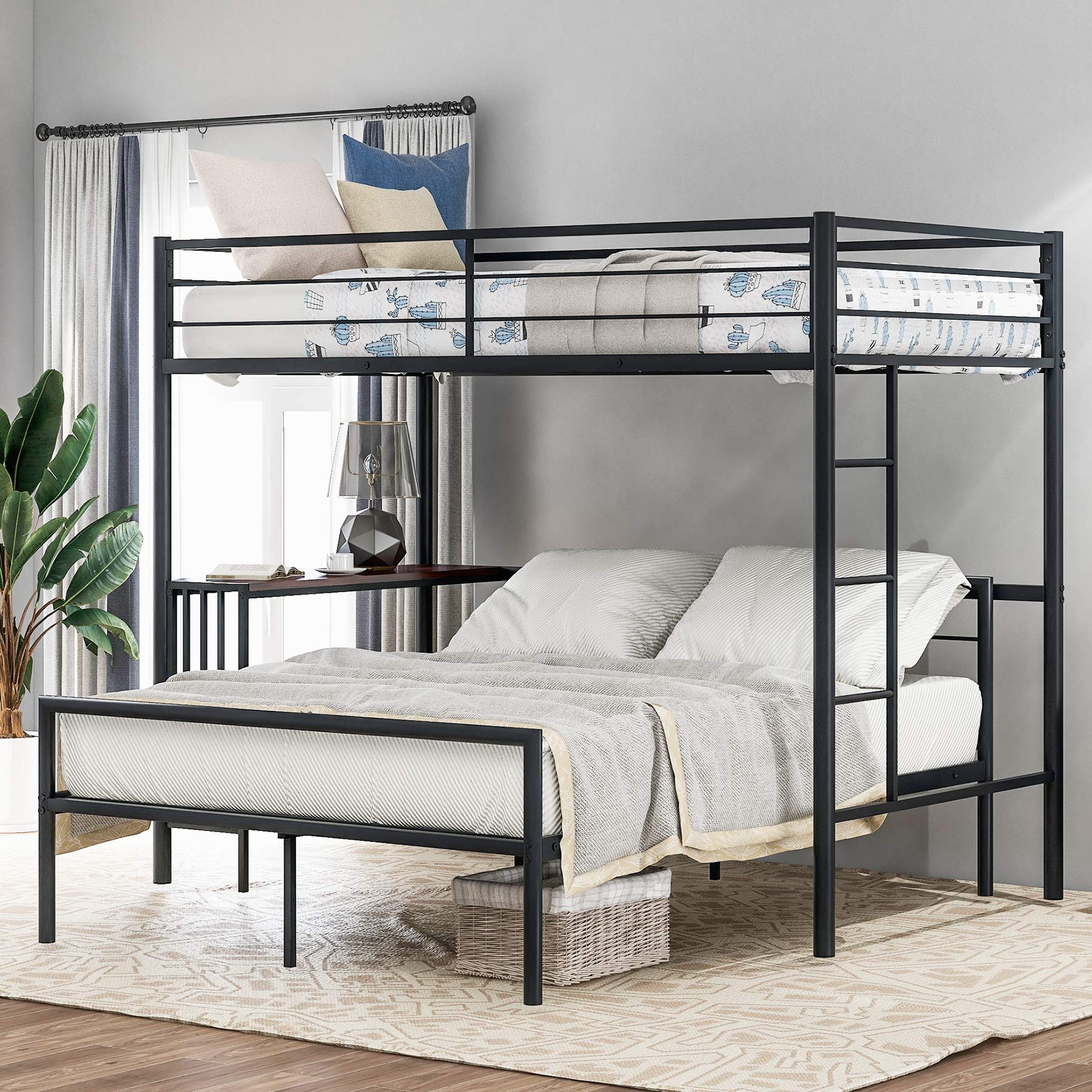 Merax Twin Over Full Bunk Bed Frame - Sturdy Metal Bunk Bed with Built-in Desk, Ladder & Slats - Space-Saving Solution for Kids Bedroom, Guest Room or Small Spaces - Black